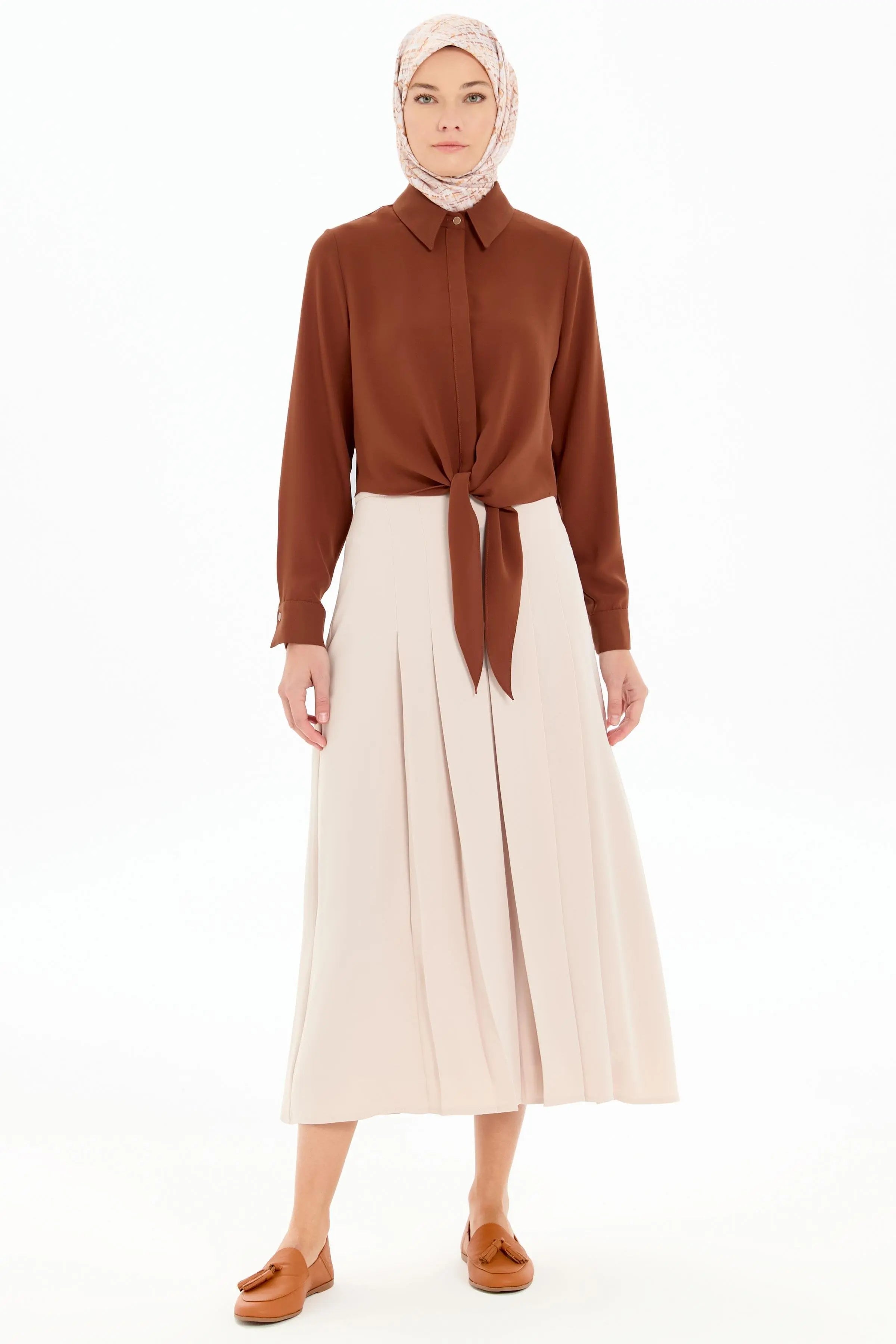 Büyük Beden Pili Detaylı Etek - Bej TUGBA