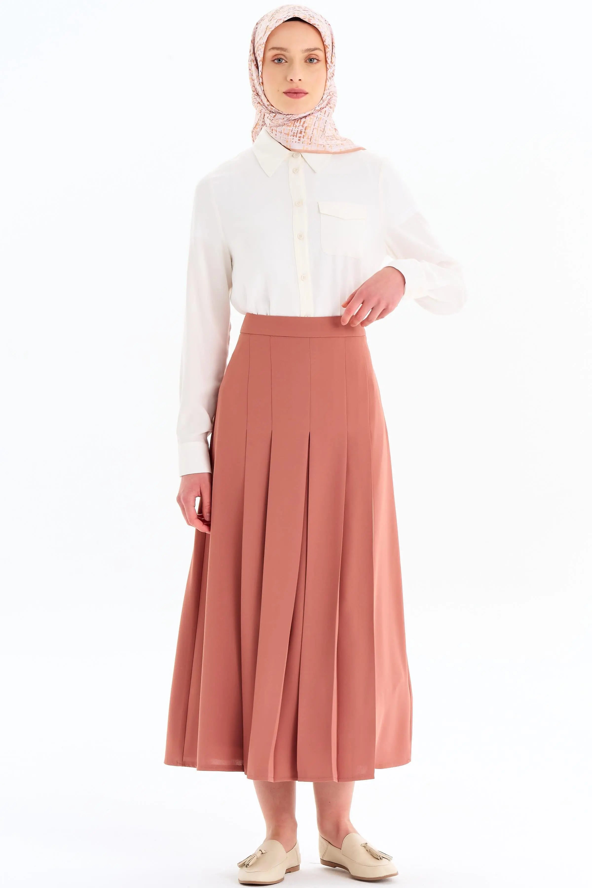 Büyük Beden Pili Detaylı Etek - Camel TUGBA