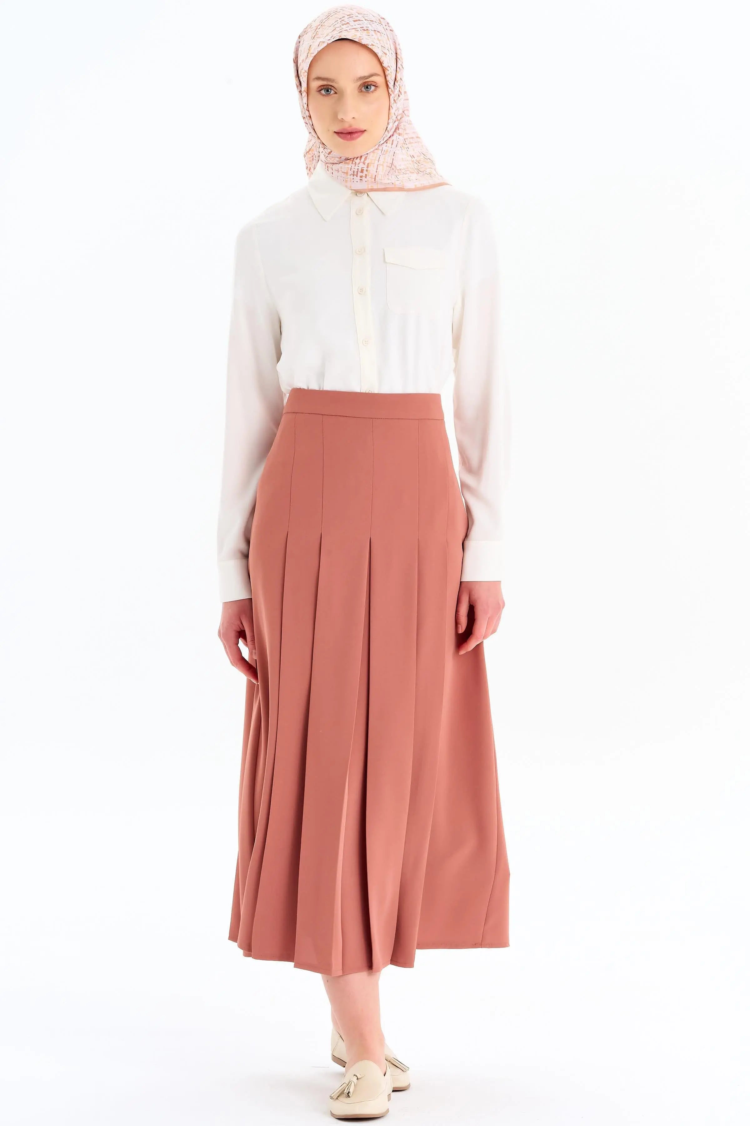 Büyük Beden Pili Detaylı Etek - Camel TUGBA