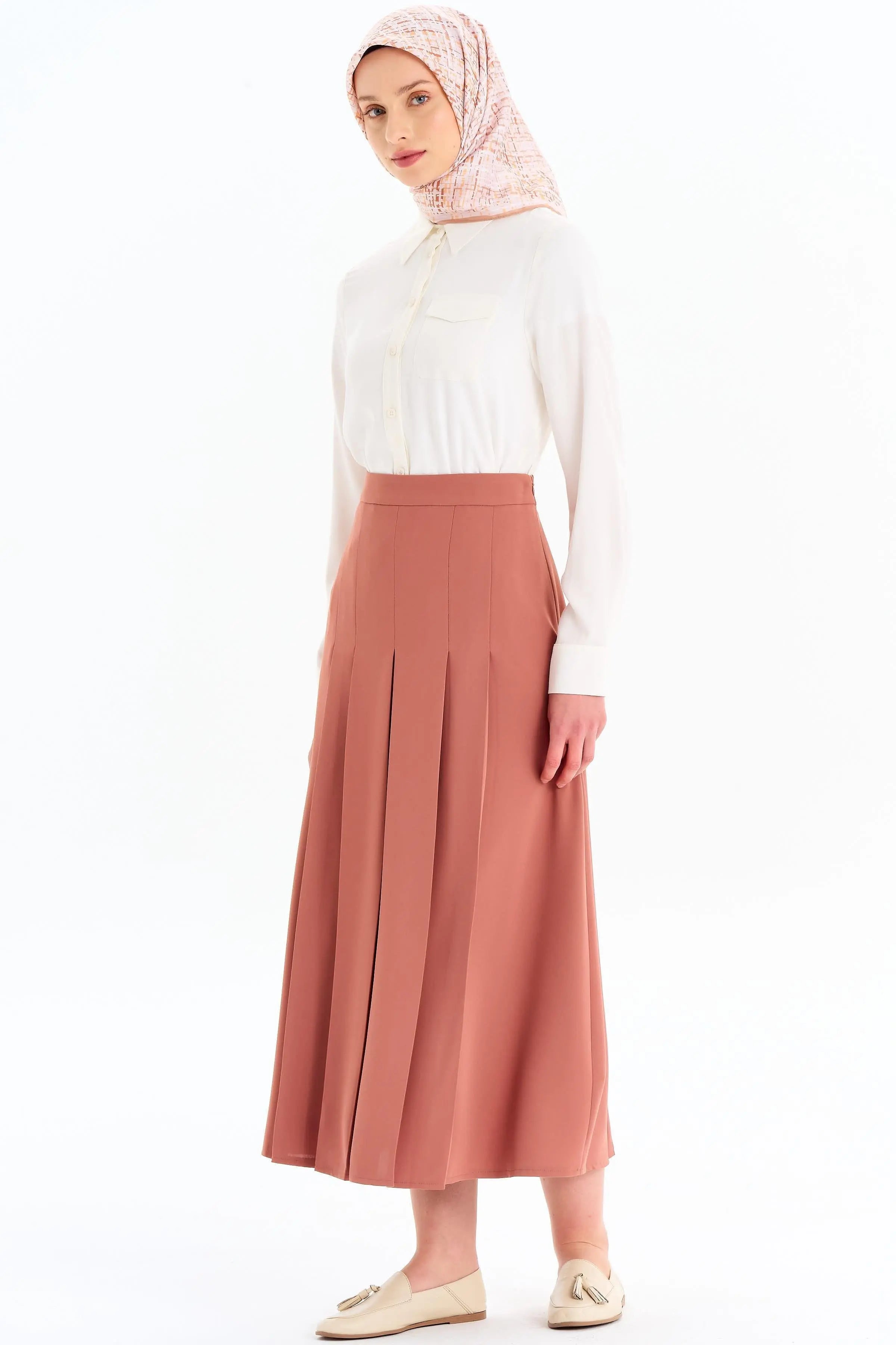 Büyük Beden Pili Detaylı Etek - Camel TUGBA