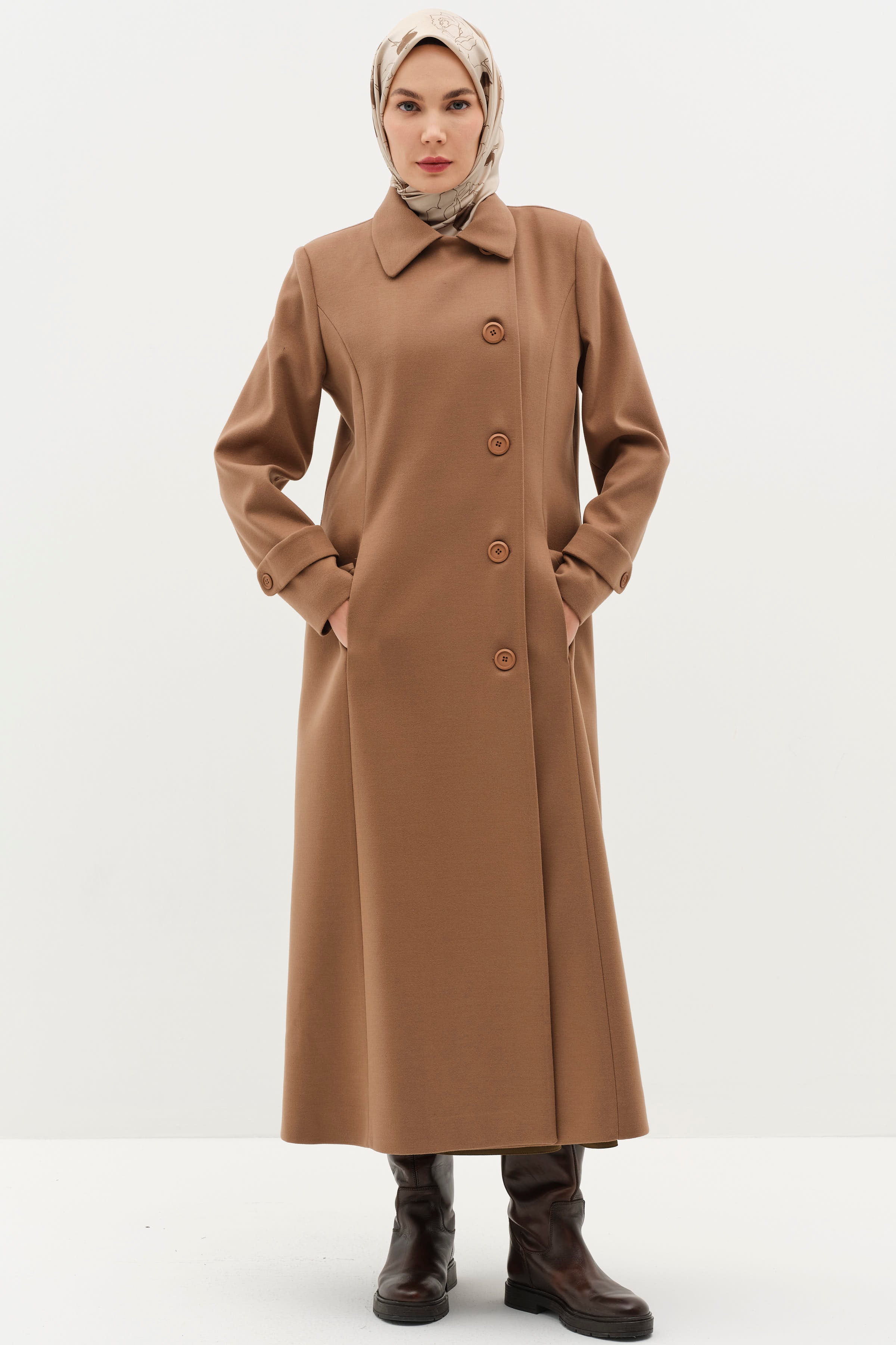 Büyük Beden Şömizye Kaşe Manto - Camel TUGBA