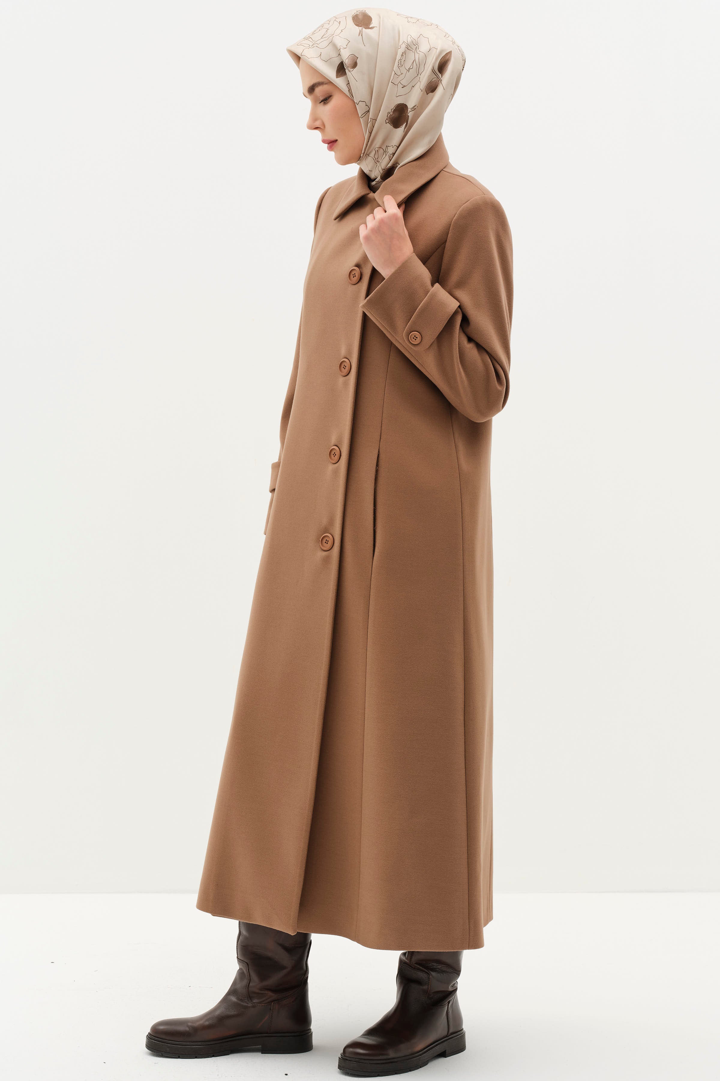 Büyük Beden Şömizye Kaşe Manto - Camel TUGBA