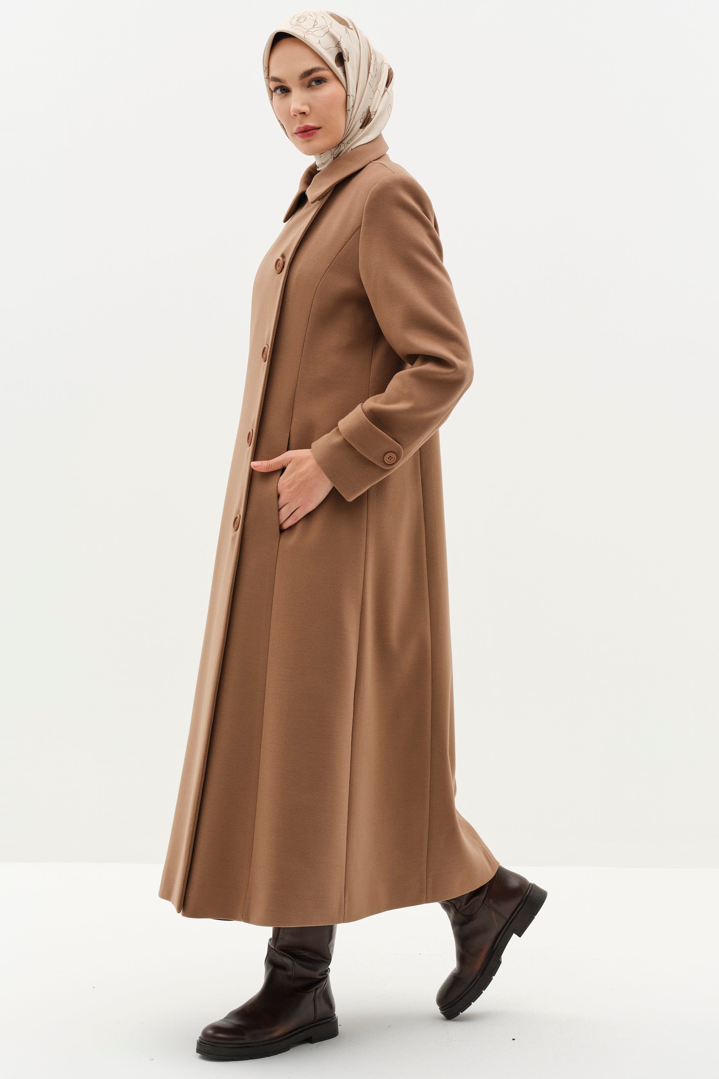 Büyük Beden Şömizye Kaşe Manto - Camel TUGBA