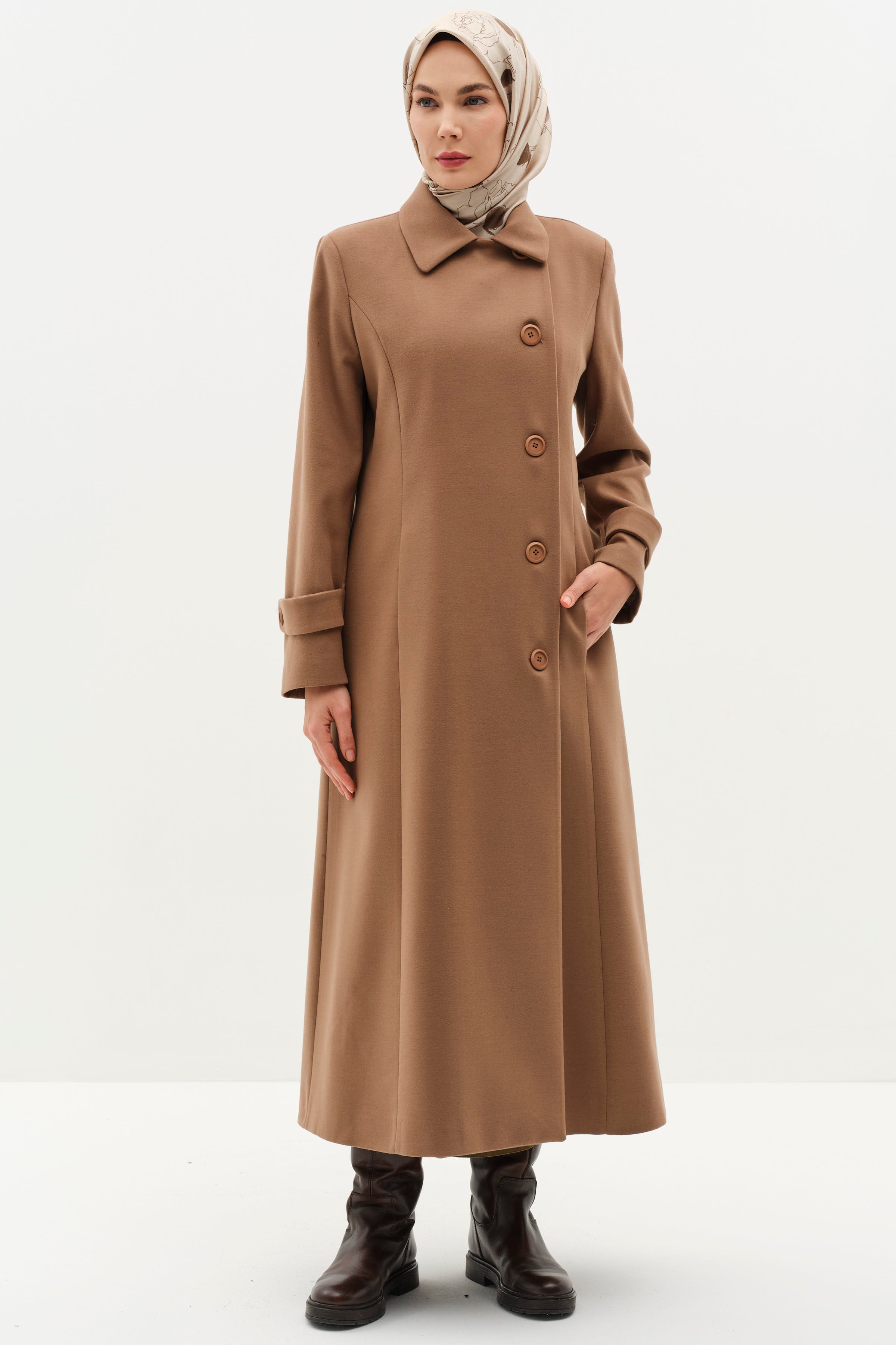 Büyük Beden Şömizye Kaşe Manto - Camel TUGBA