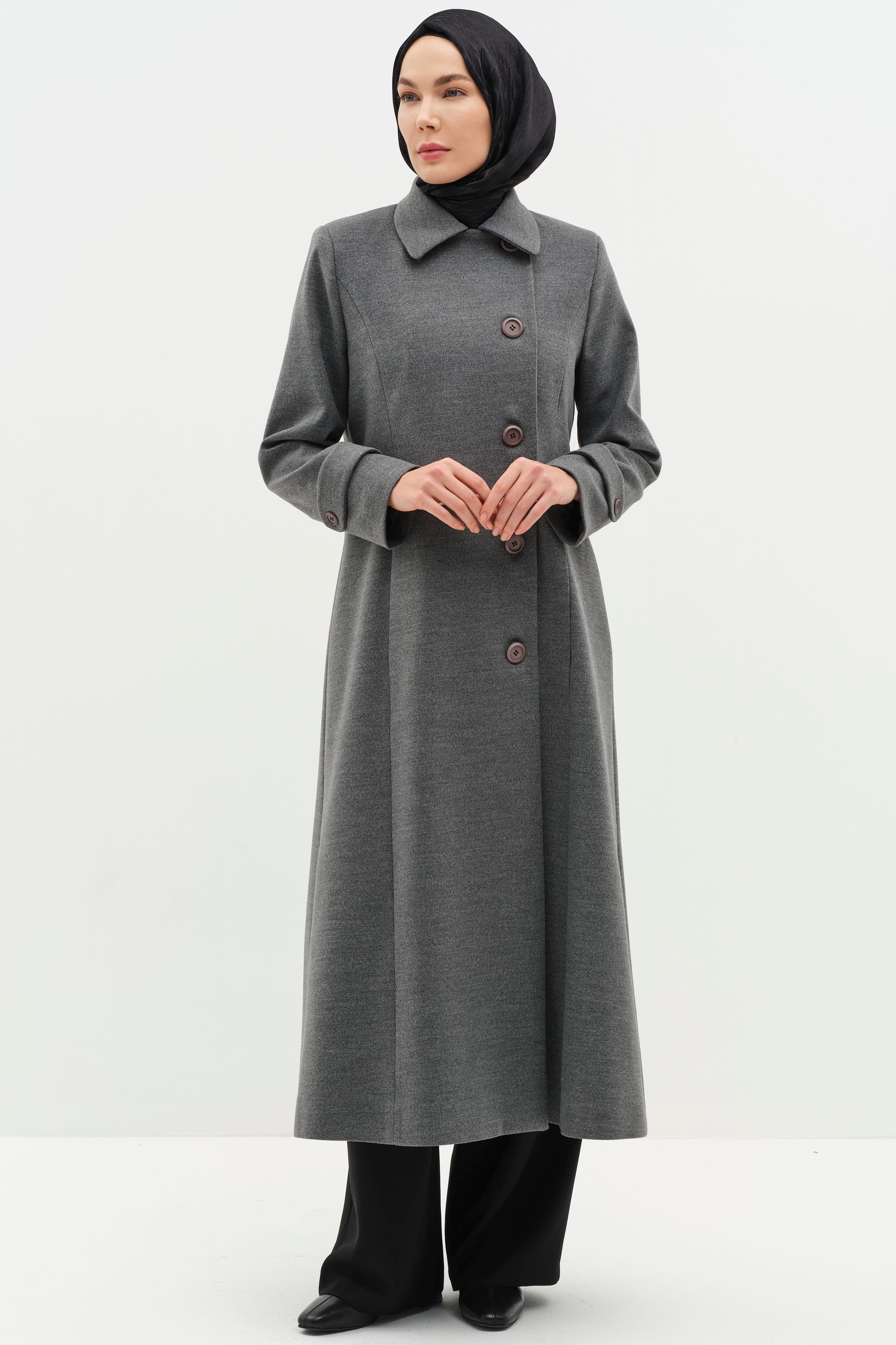 Büyük Beden Şömizye Kaşe Manto - Gri TUGBA