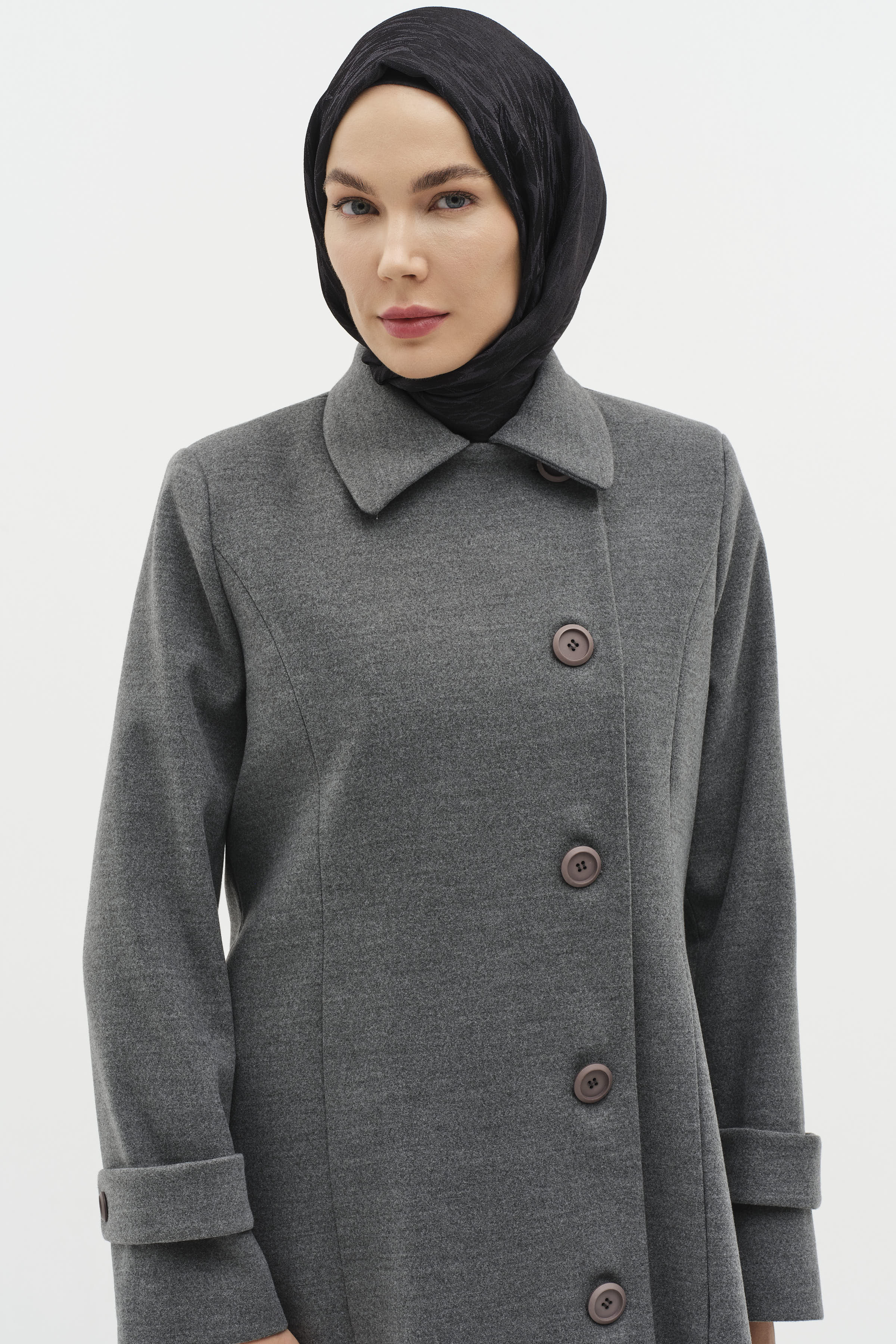 Büyük Beden Şömizye Kaşe Manto - Gri TUGBA