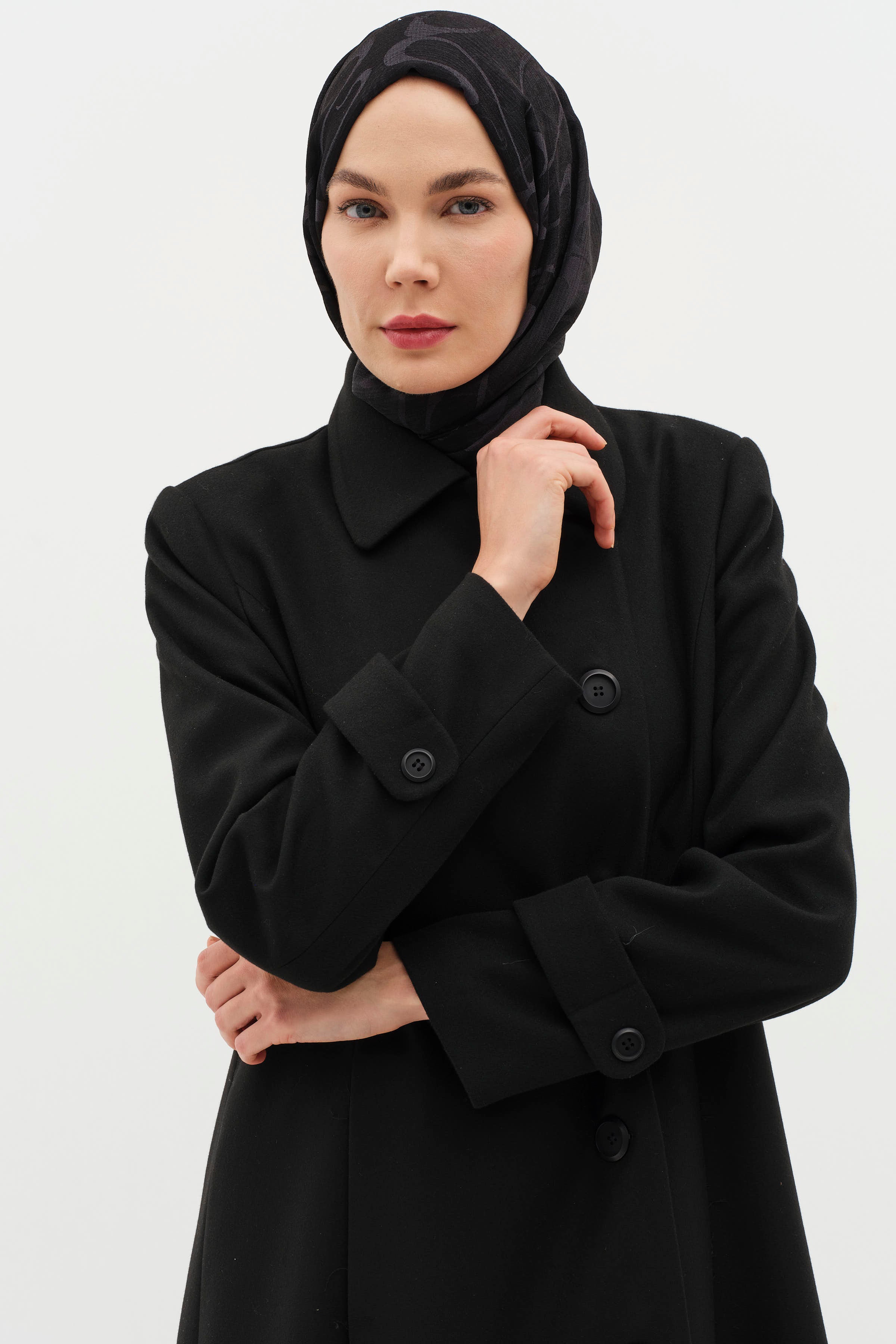 Büyük Beden Şömizye Kaşe Manto - Siyah TUGBA