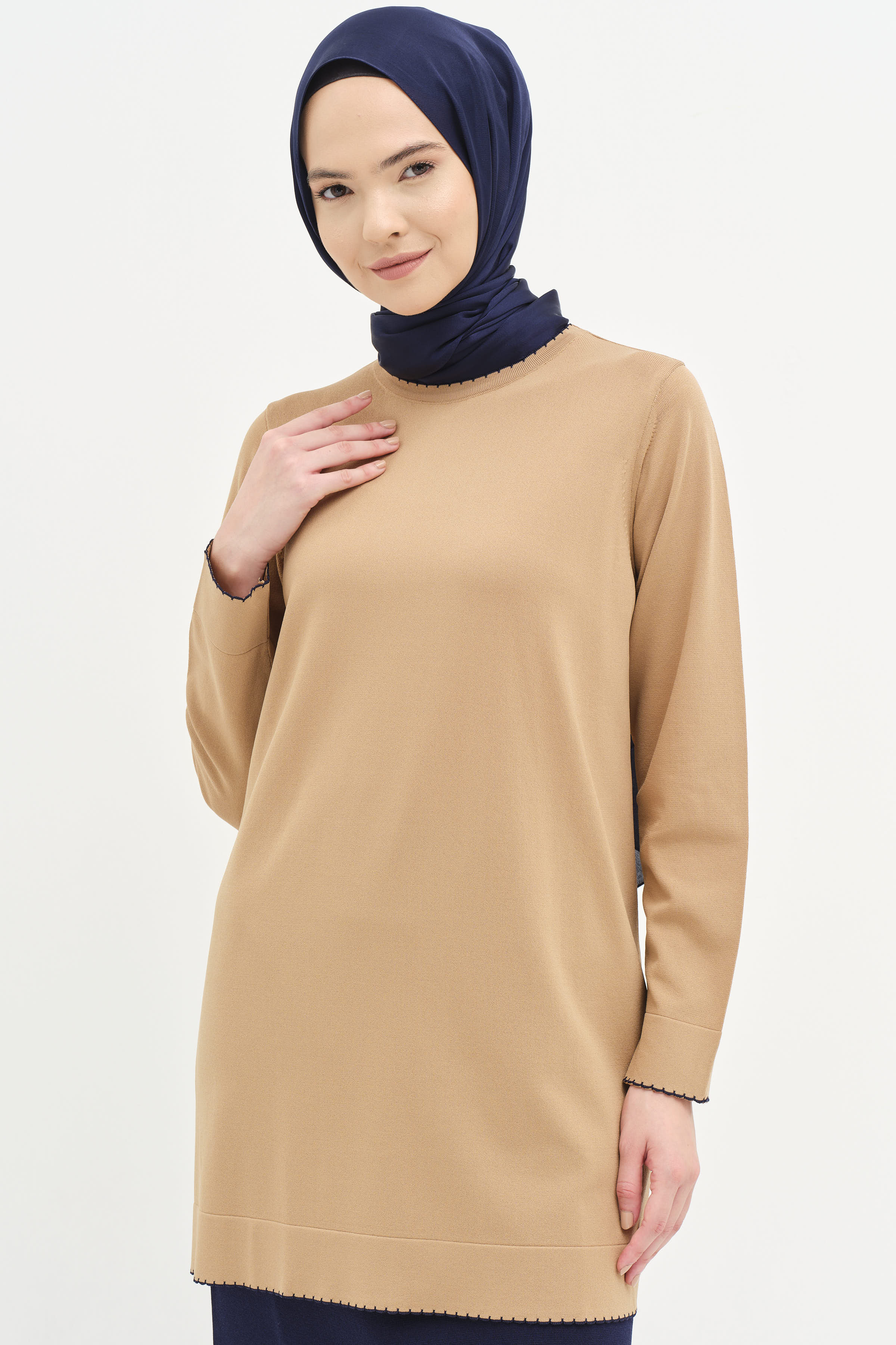 Büyük Beden Triko Kazak - Camel TUGBA