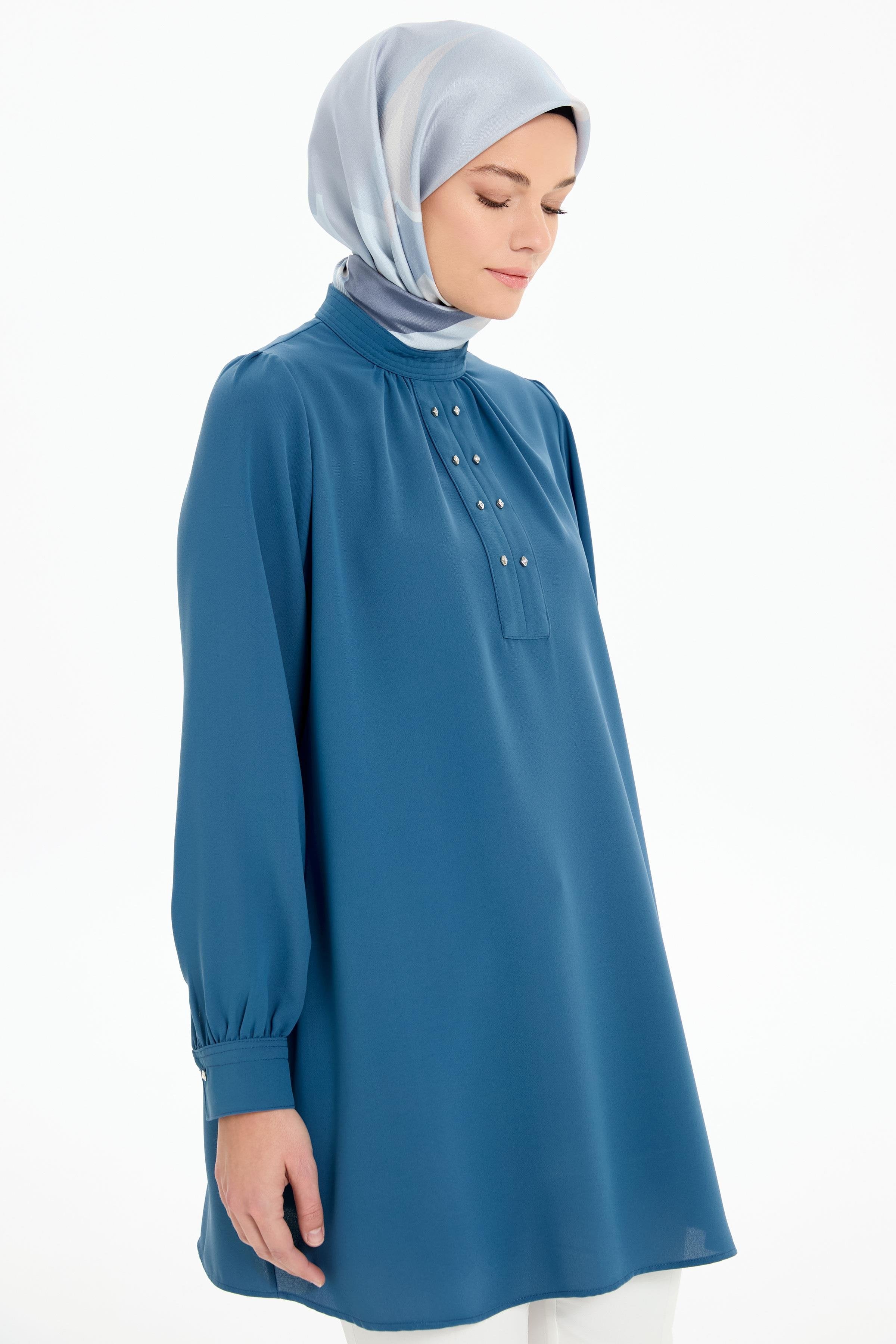 Büzgü Detaylı Yaka Dikişli Tunik - Mavi TUGBA