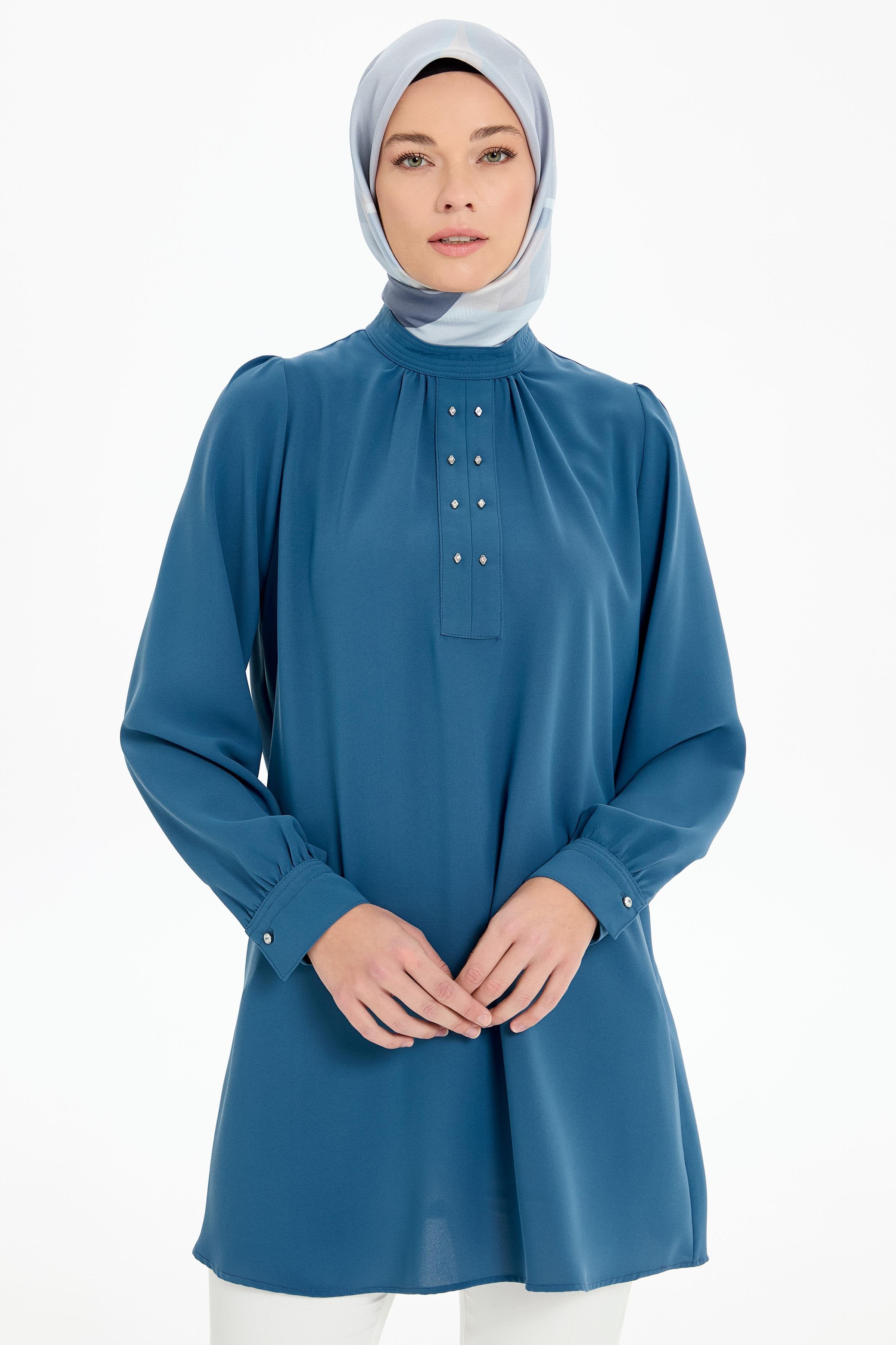 Büzgü Detaylı Yaka Dikişli Tunik - Mavi TUGBA