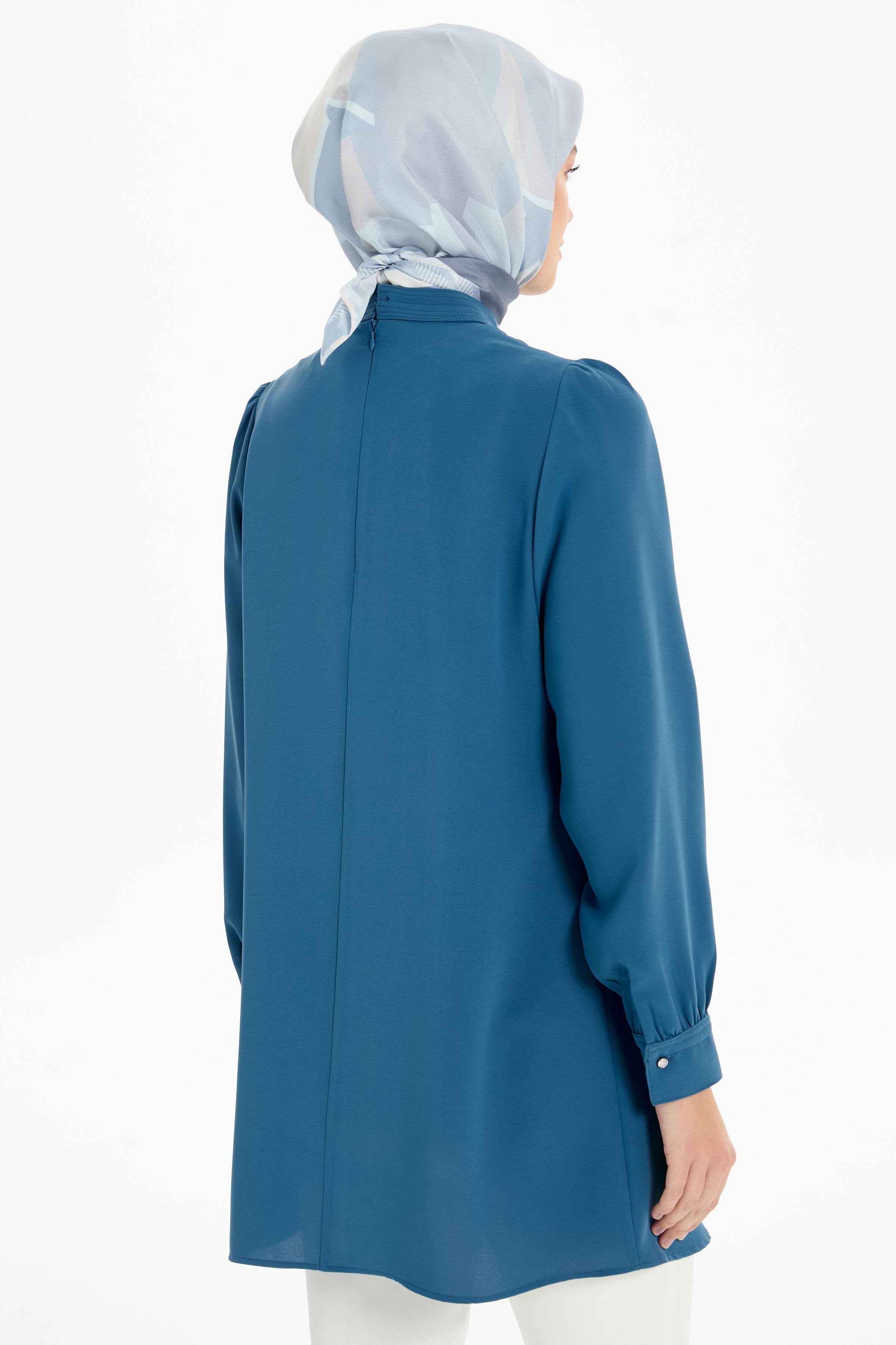 Büzgü Detaylı Yaka Dikişli Tunik - Mavi TUGBA