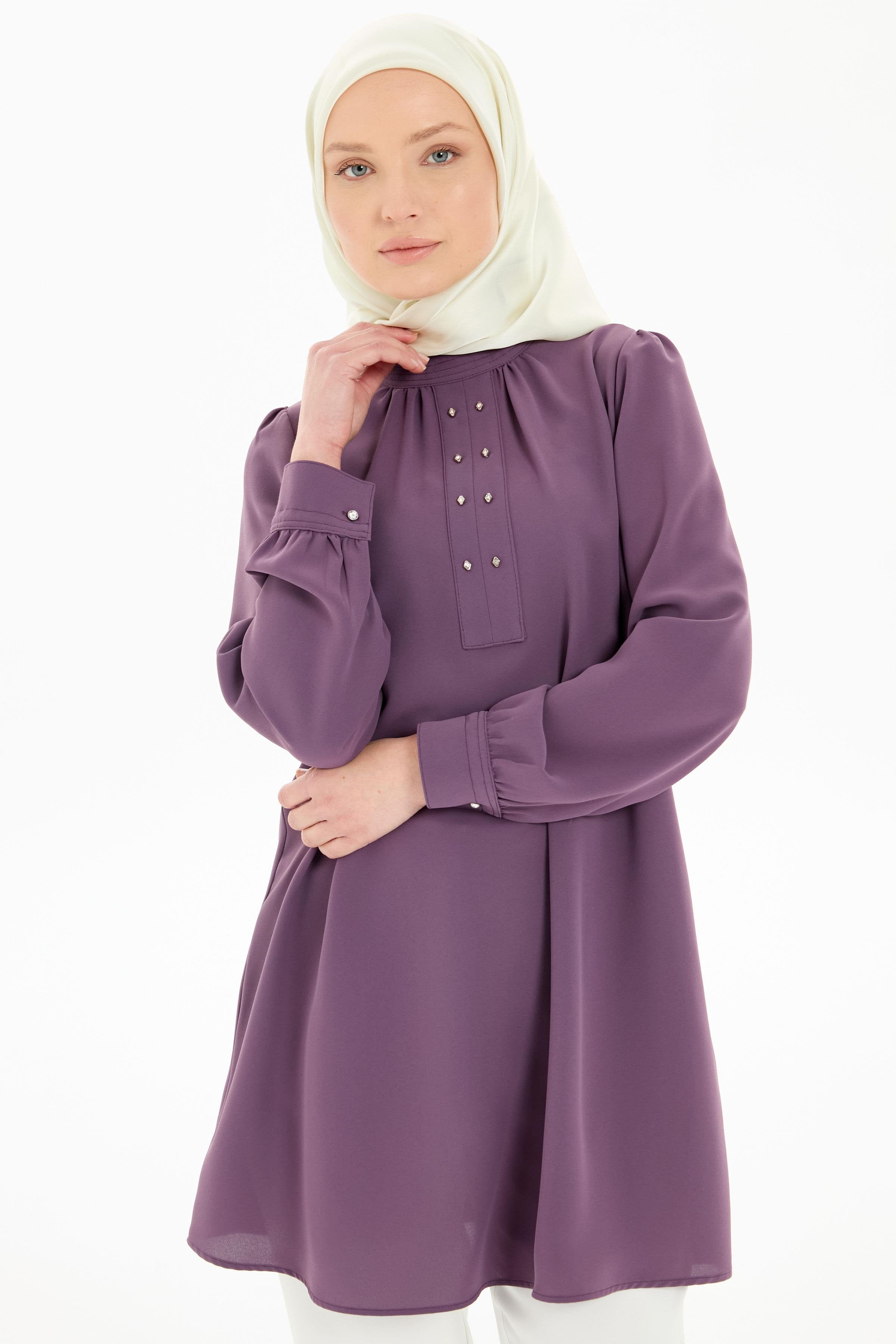 Büzgü Detaylı Yaka Dikişli Tunik - Mor TUGBA