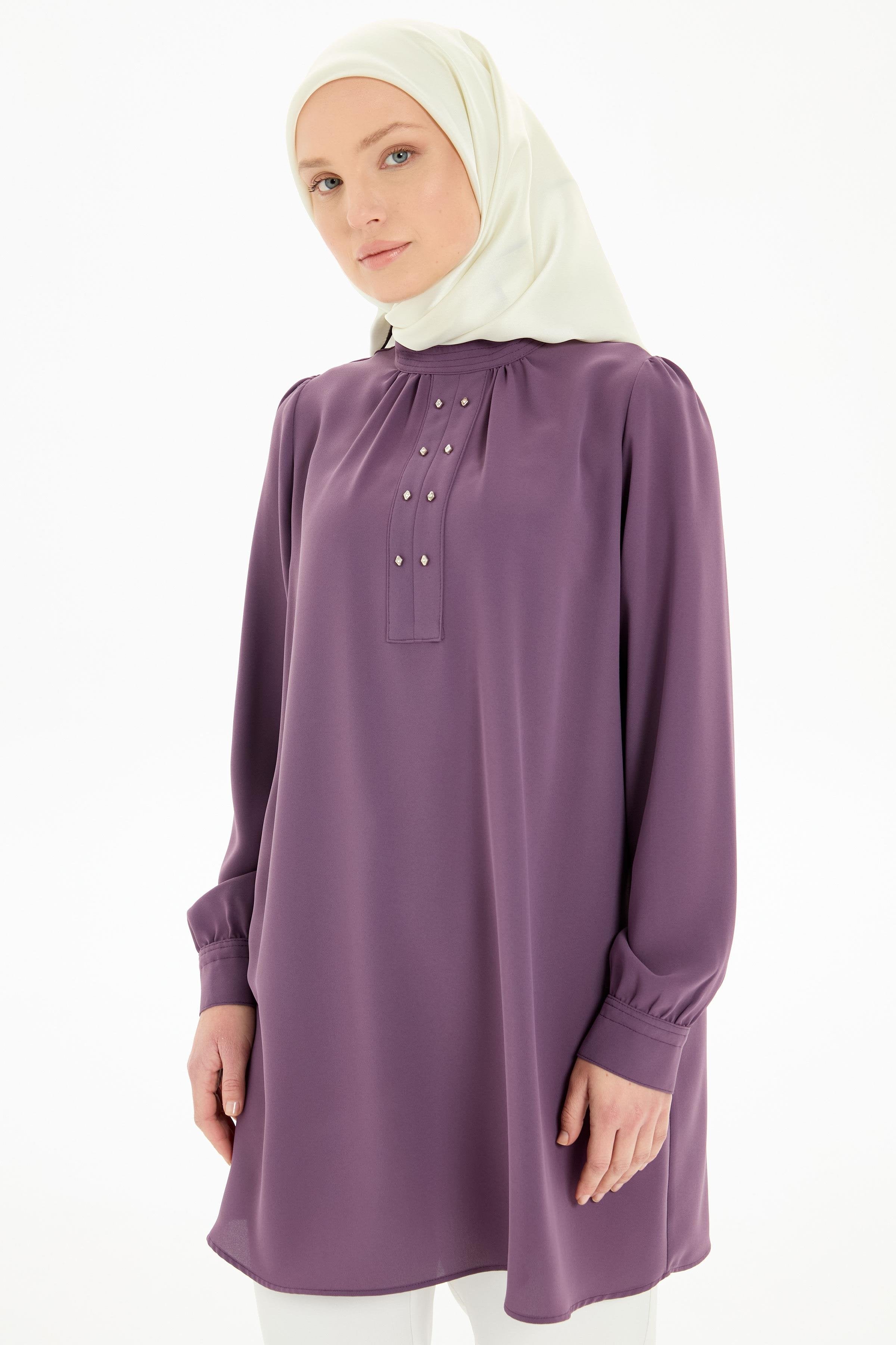 Büzgü Detaylı Yaka Dikişli Tunik - Mor TUGBA