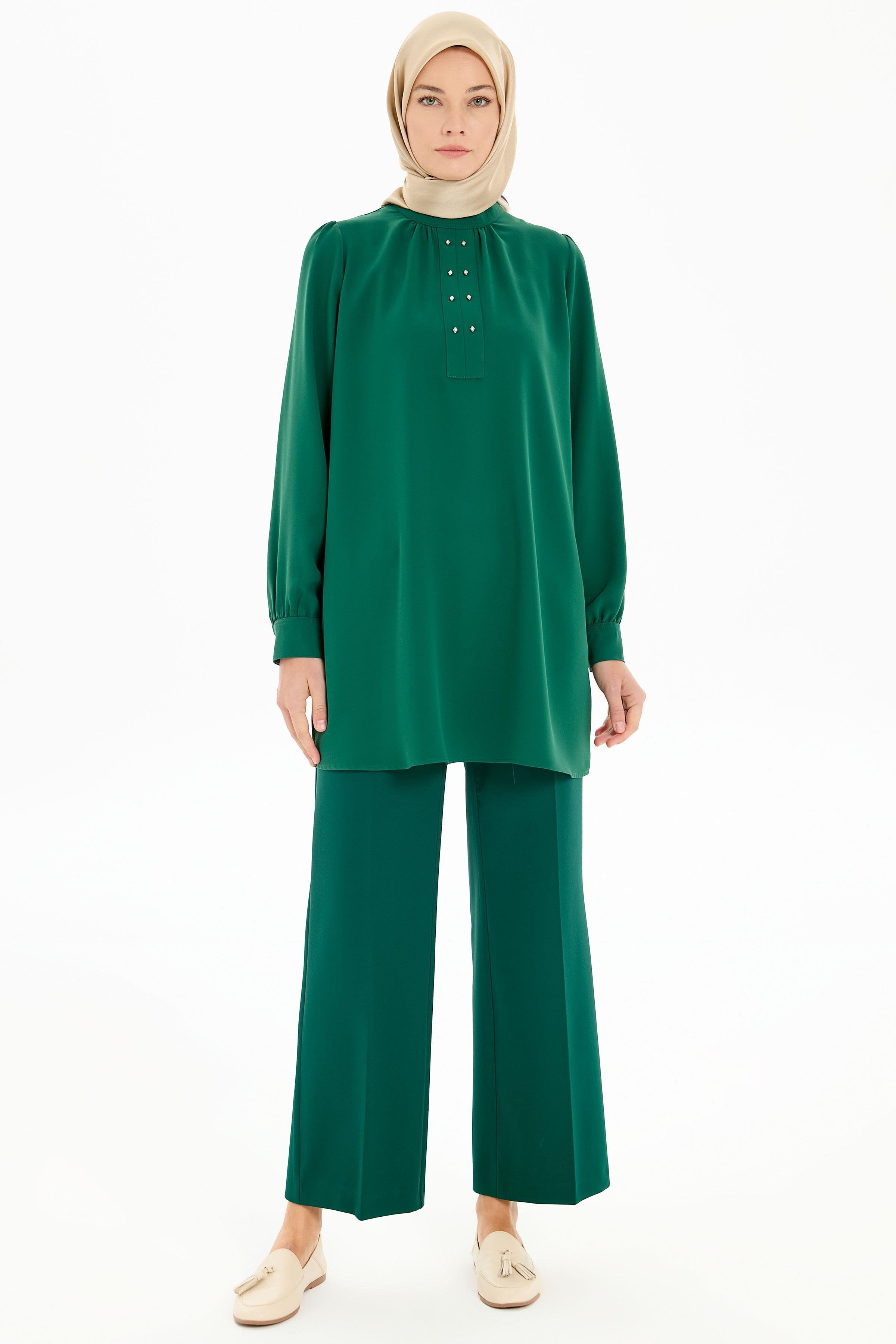 Büzgü Detaylı Yaka Dikişli Tunik - Yeşil TUGBA