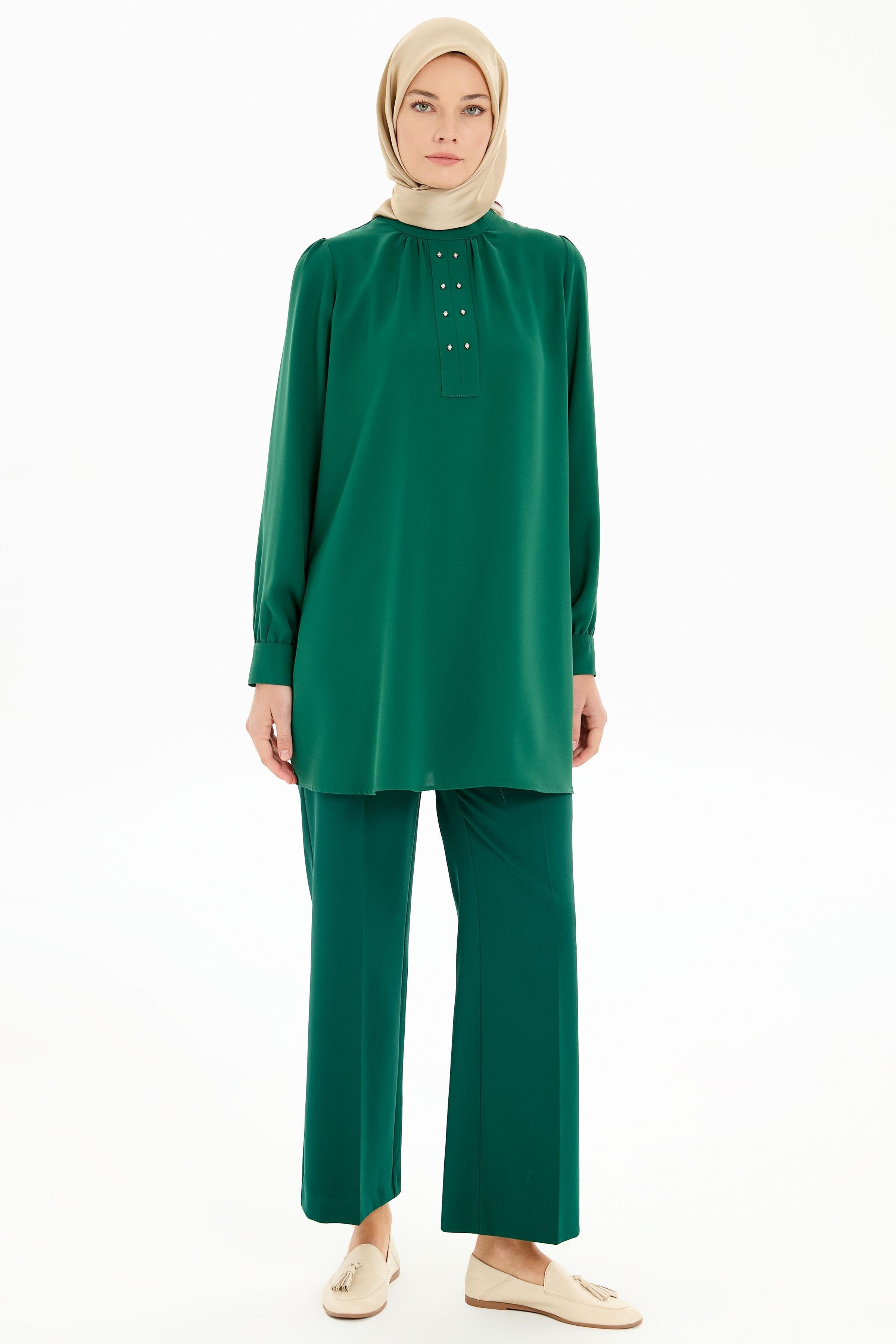 Büzgü Detaylı Yaka Dikişli Tunik - Yeşil TUGBA