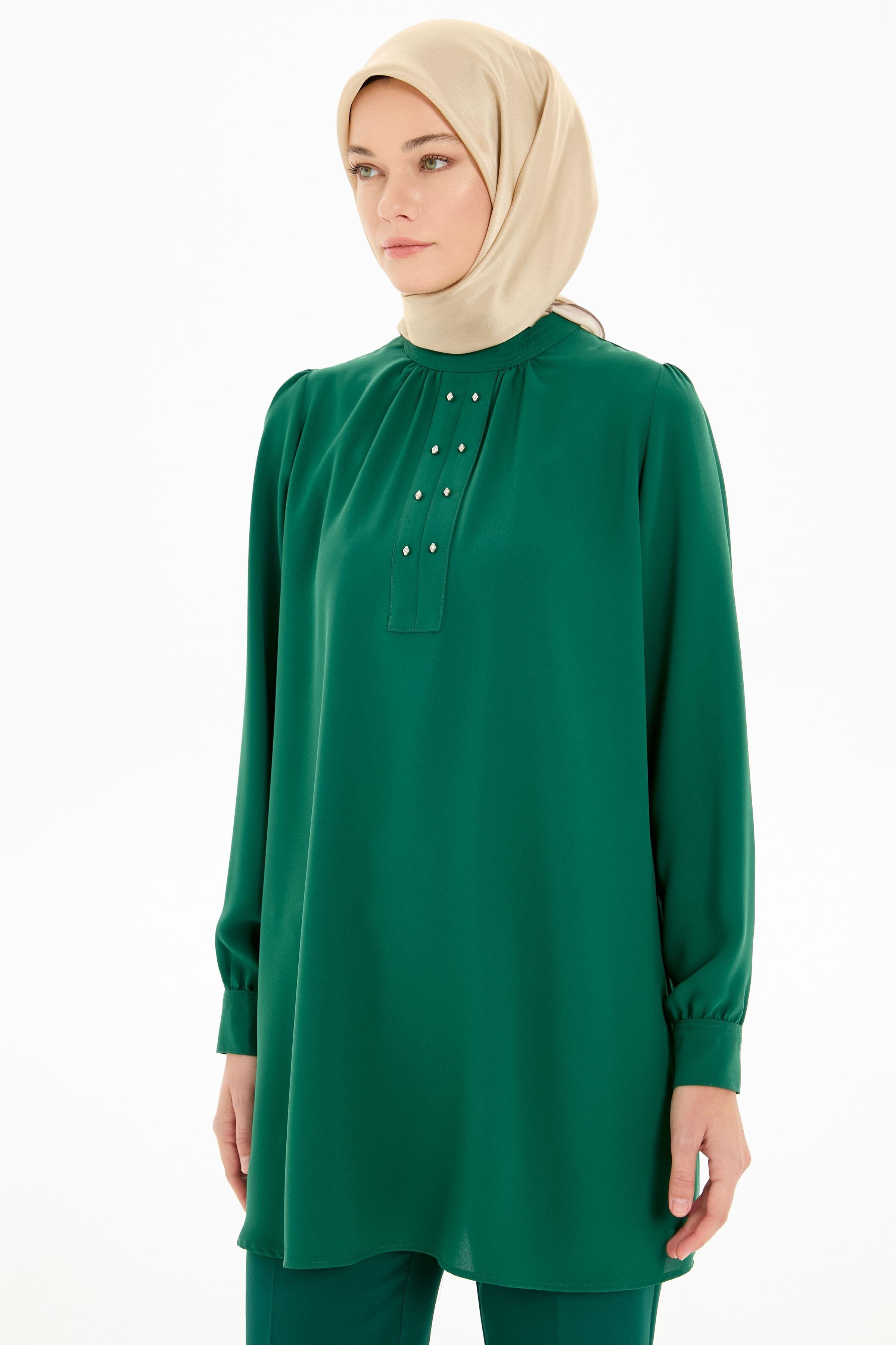 Büzgü Detaylı Yaka Dikişli Tunik - Yeşil TUGBA