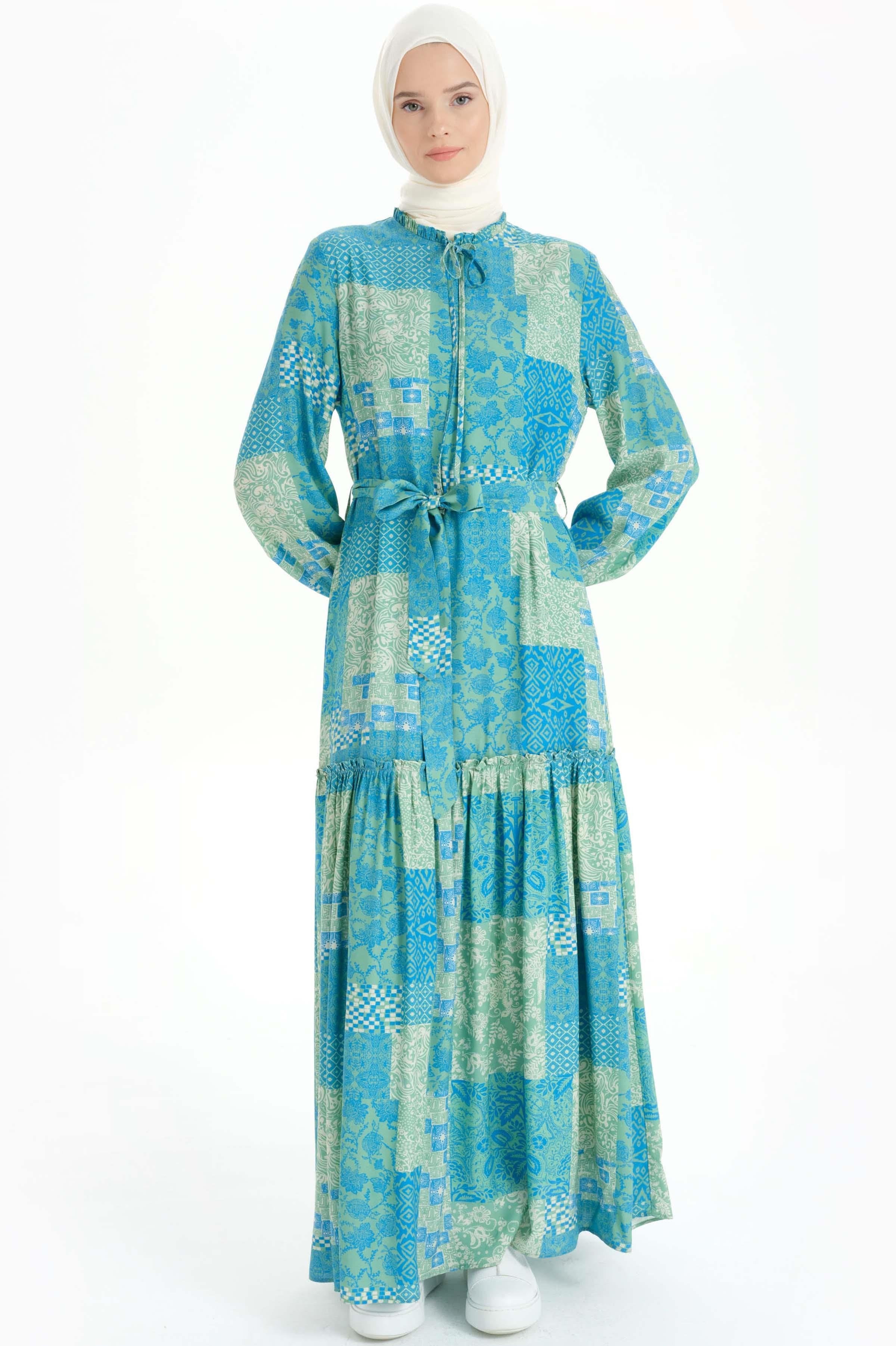 Büzgü Fırfır Detaylı Kuşaklı Elbise - Mint TUGBA