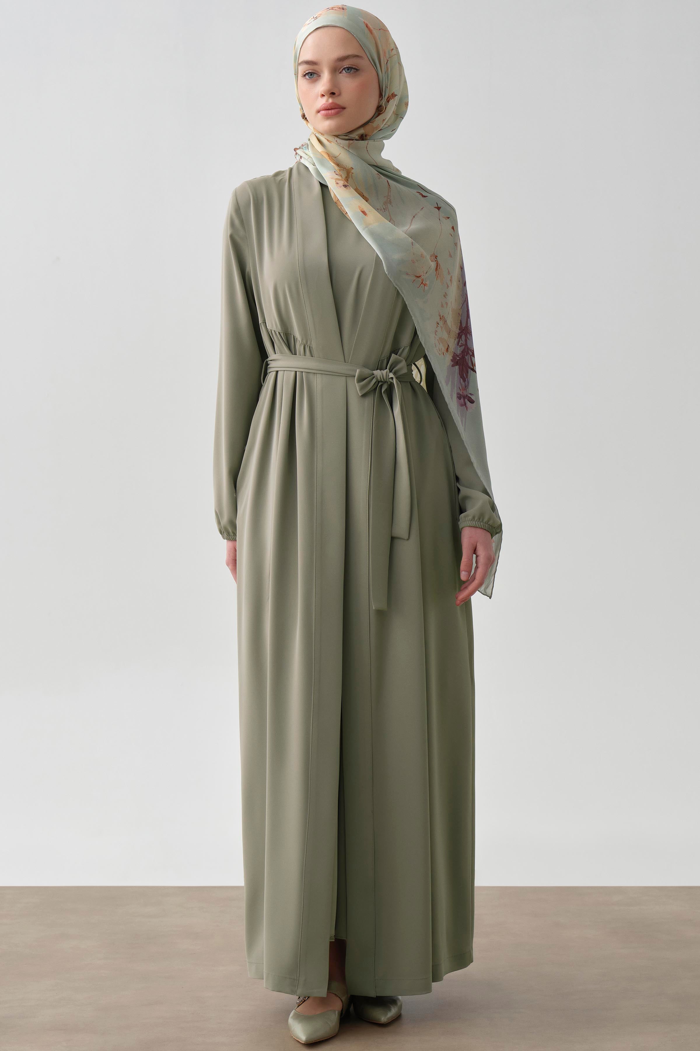 Büzgülü Beli Kuşaklı Abaya - Mint TUGBA