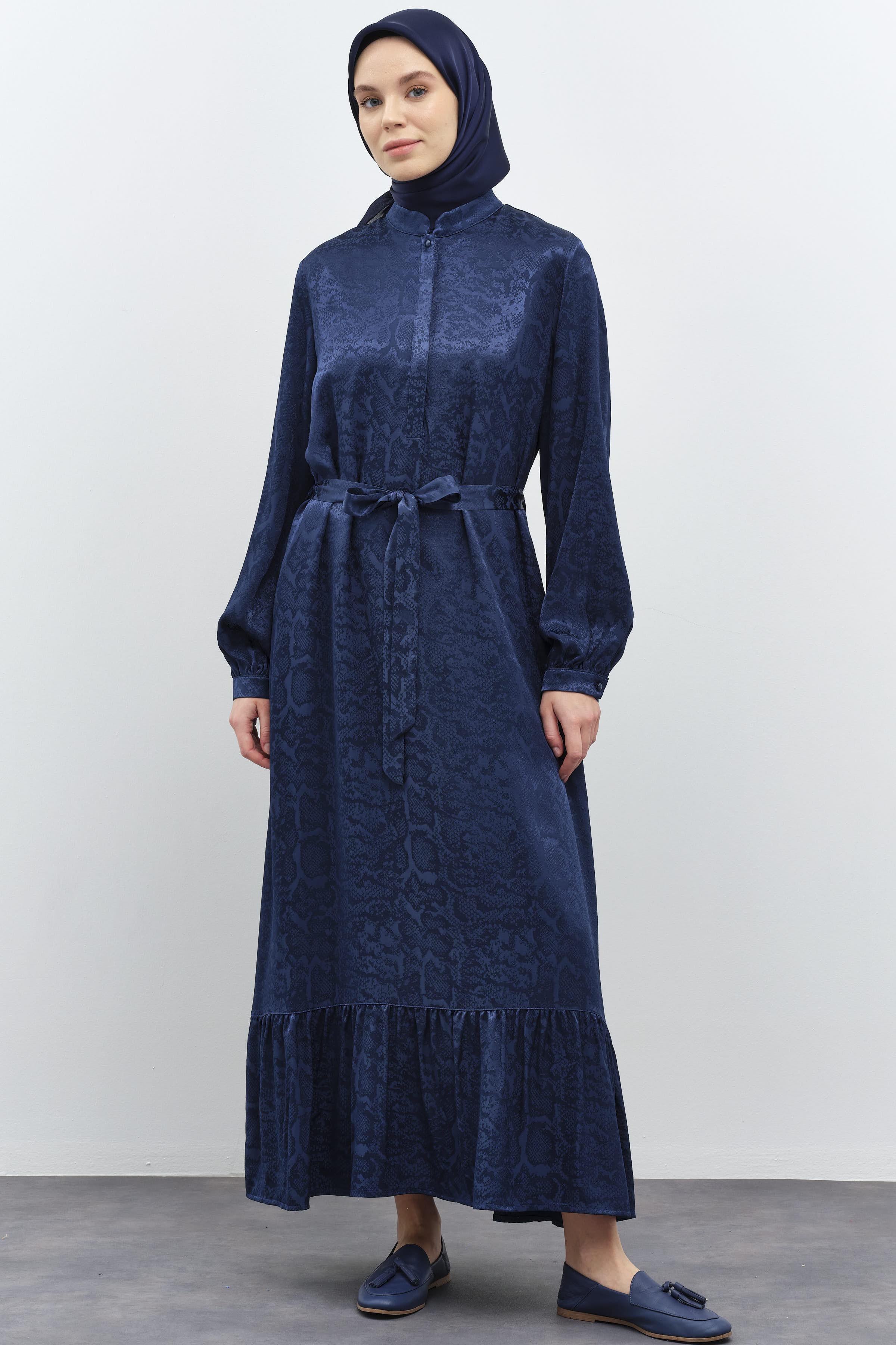 Büzgülü Beli Kuşaklı Elbise - İndigo TUGBA