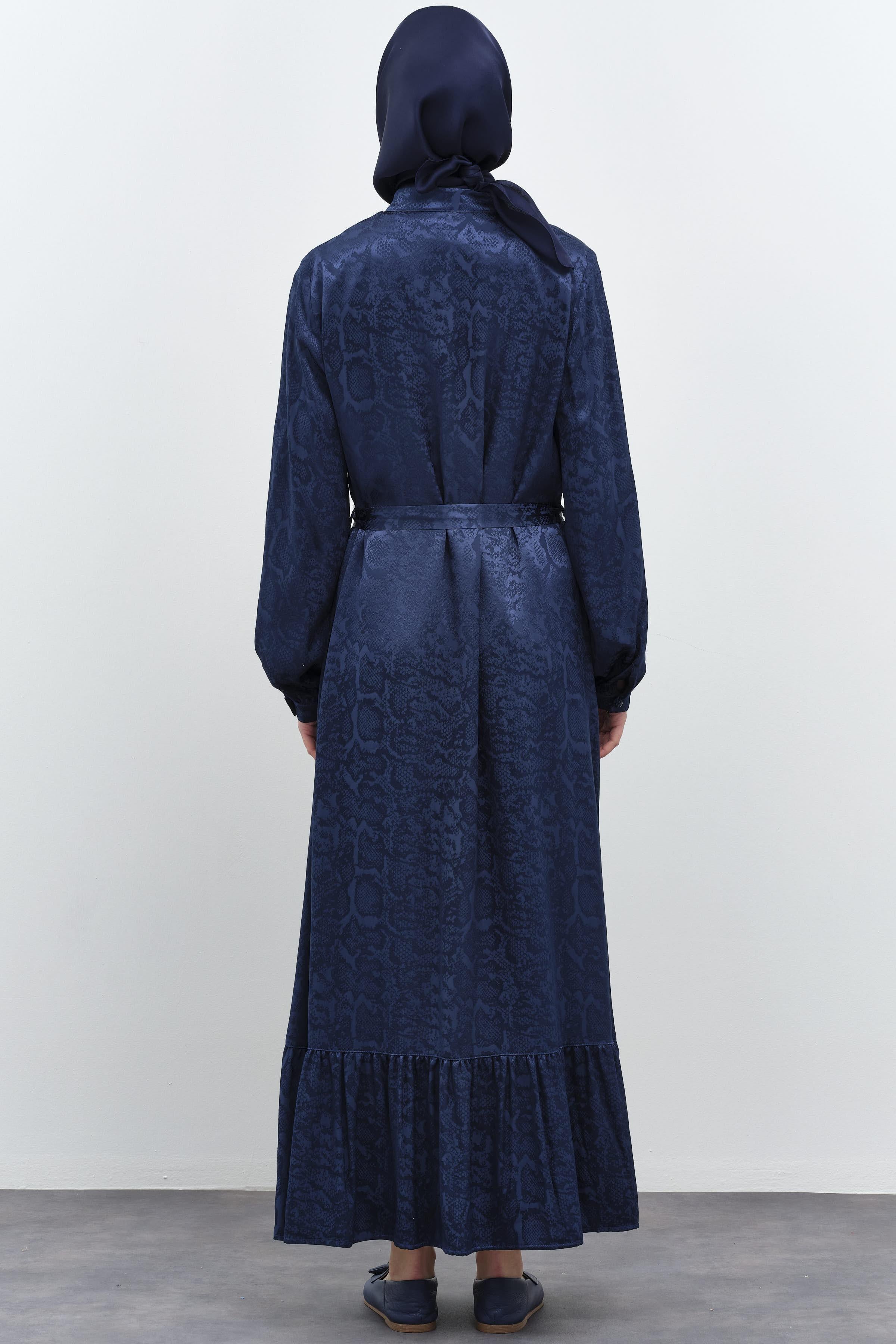 Büzgülü Beli Kuşaklı Elbise - İndigo TUGBA