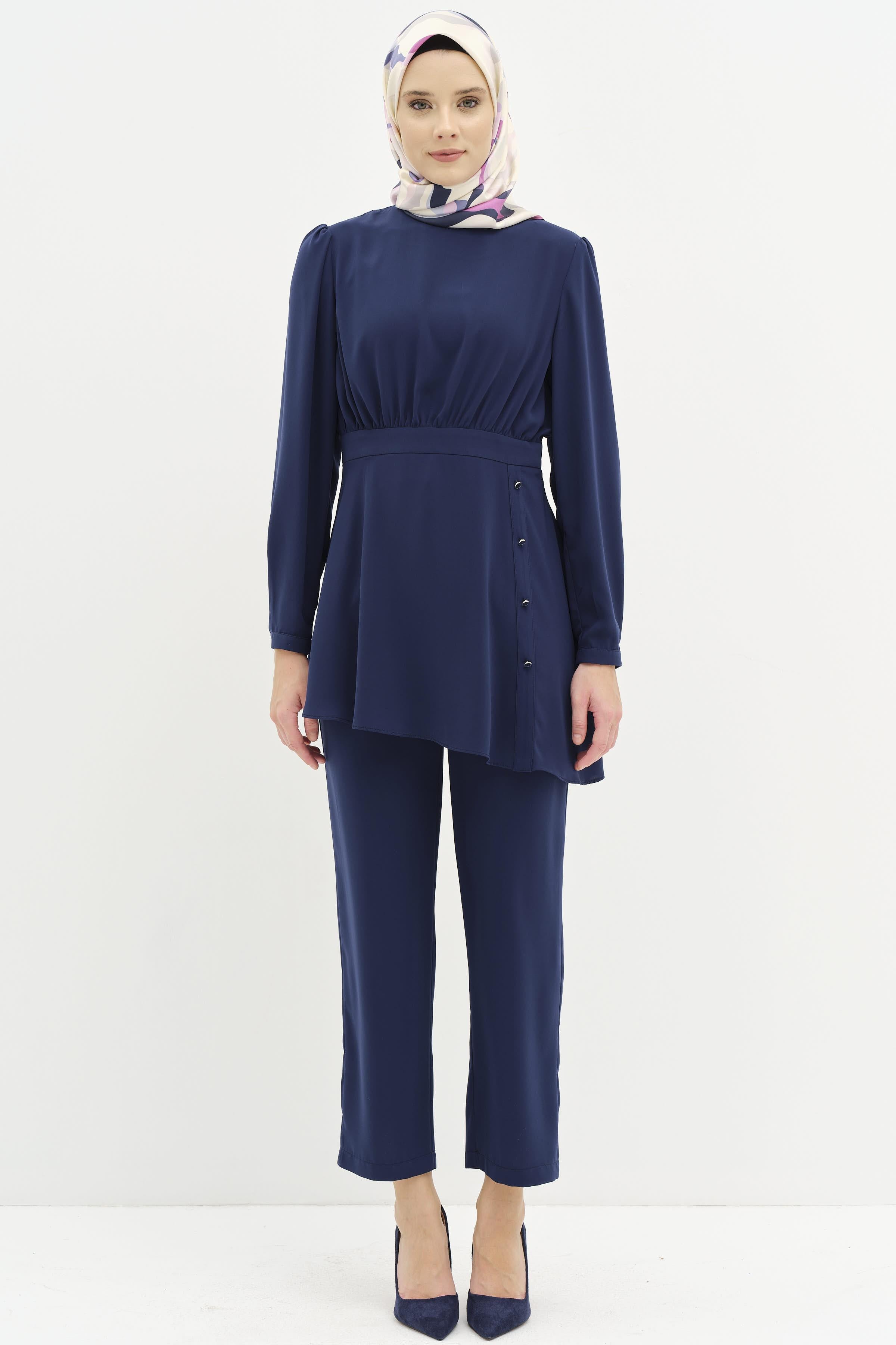 Büzgülü Bluz Pantolon Takım - Lacivert TUGBA