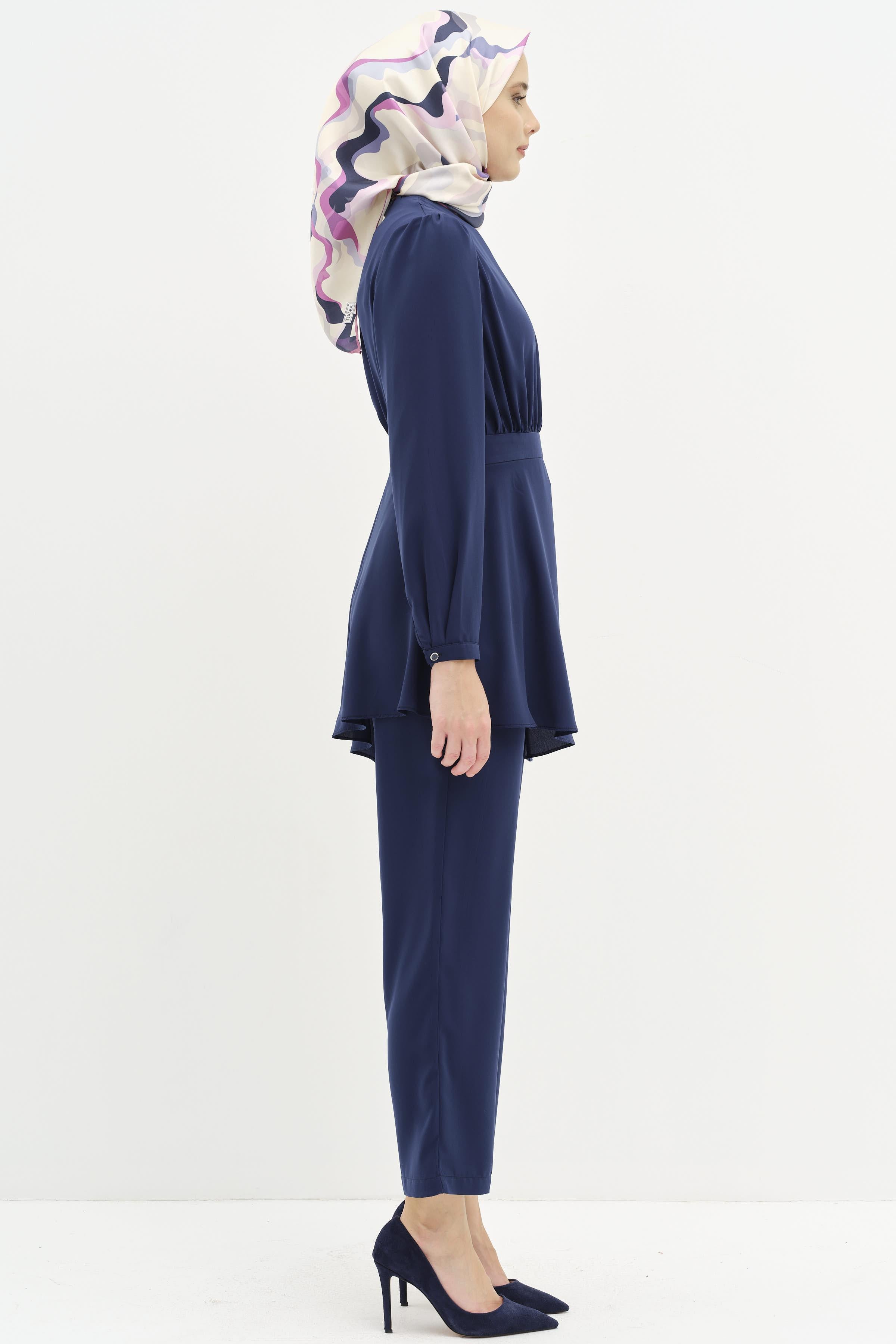 Büzgülü Bluz Pantolon Takım - Lacivert TUGBA