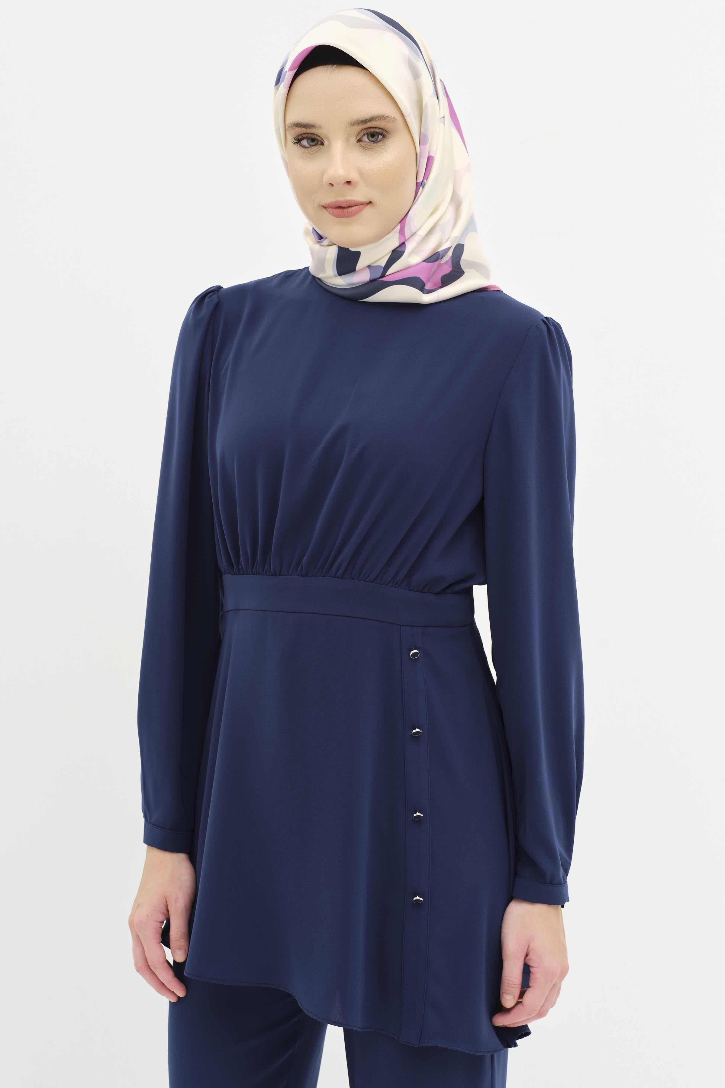 Büzgülü Bluz Pantolon Takım - Lacivert TUGBA