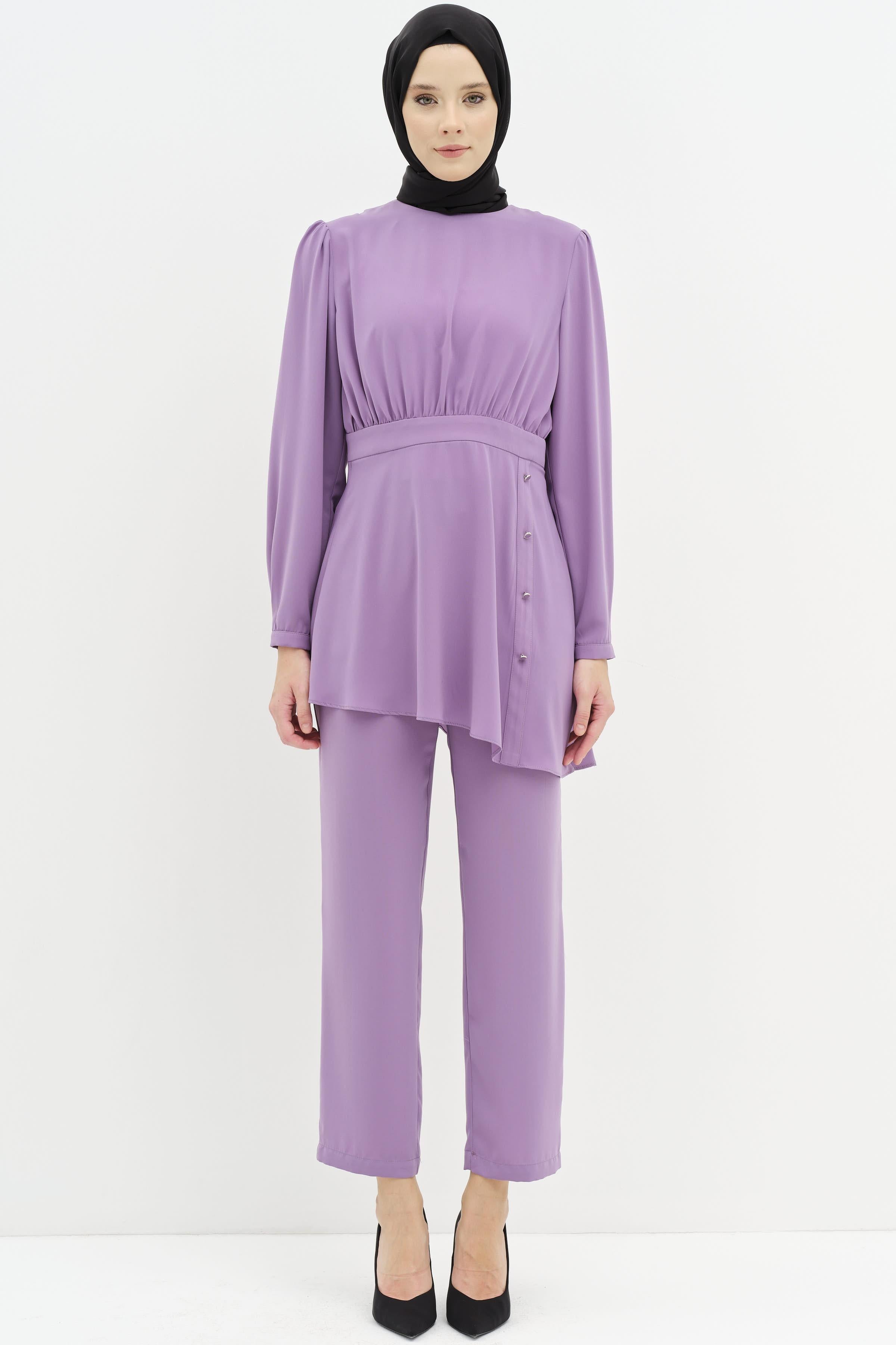 Büzgülü Bluz Pantolon Takım - Lila TUGBA