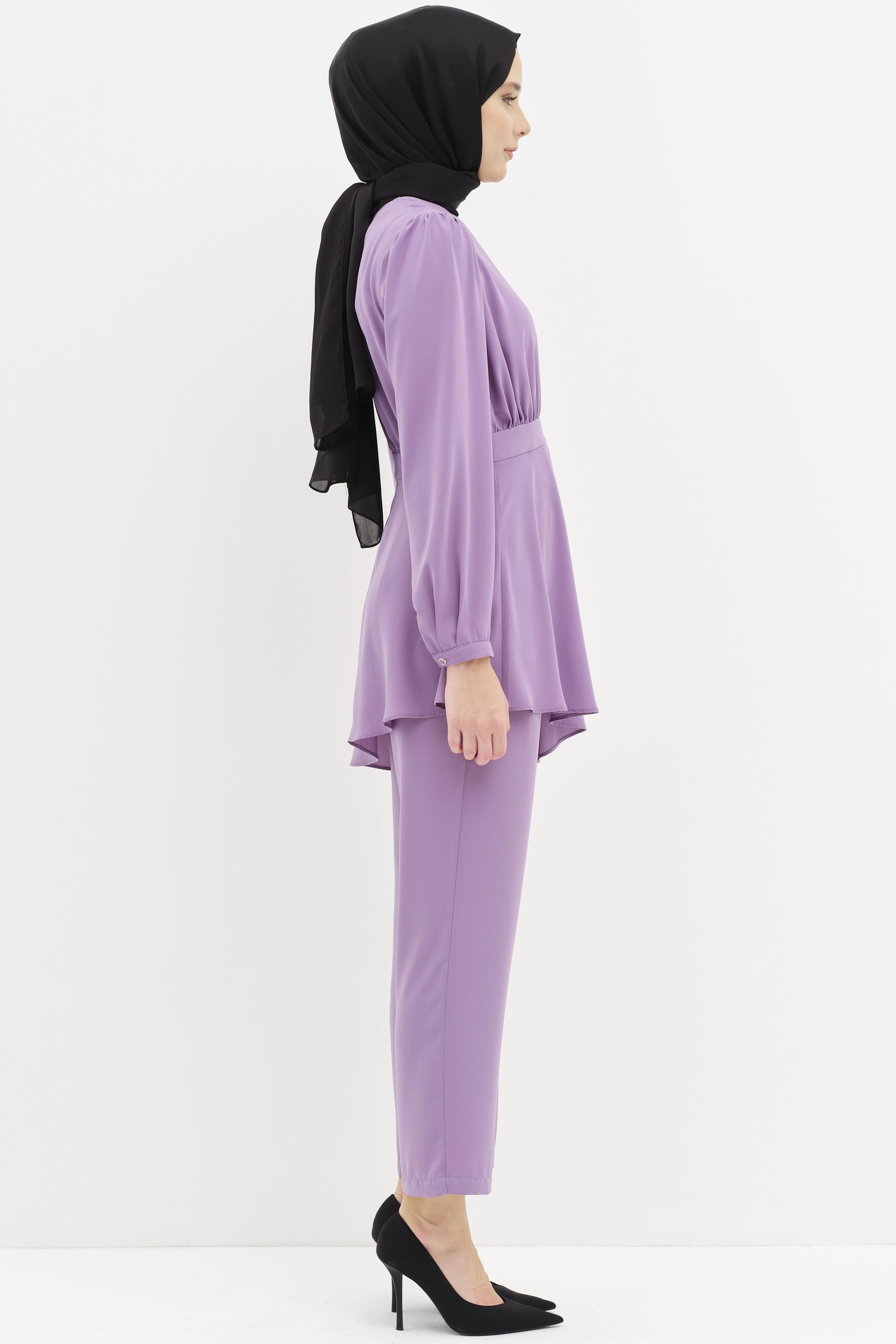 Büzgülü Bluz Pantolon Takım - Lila TUGBA