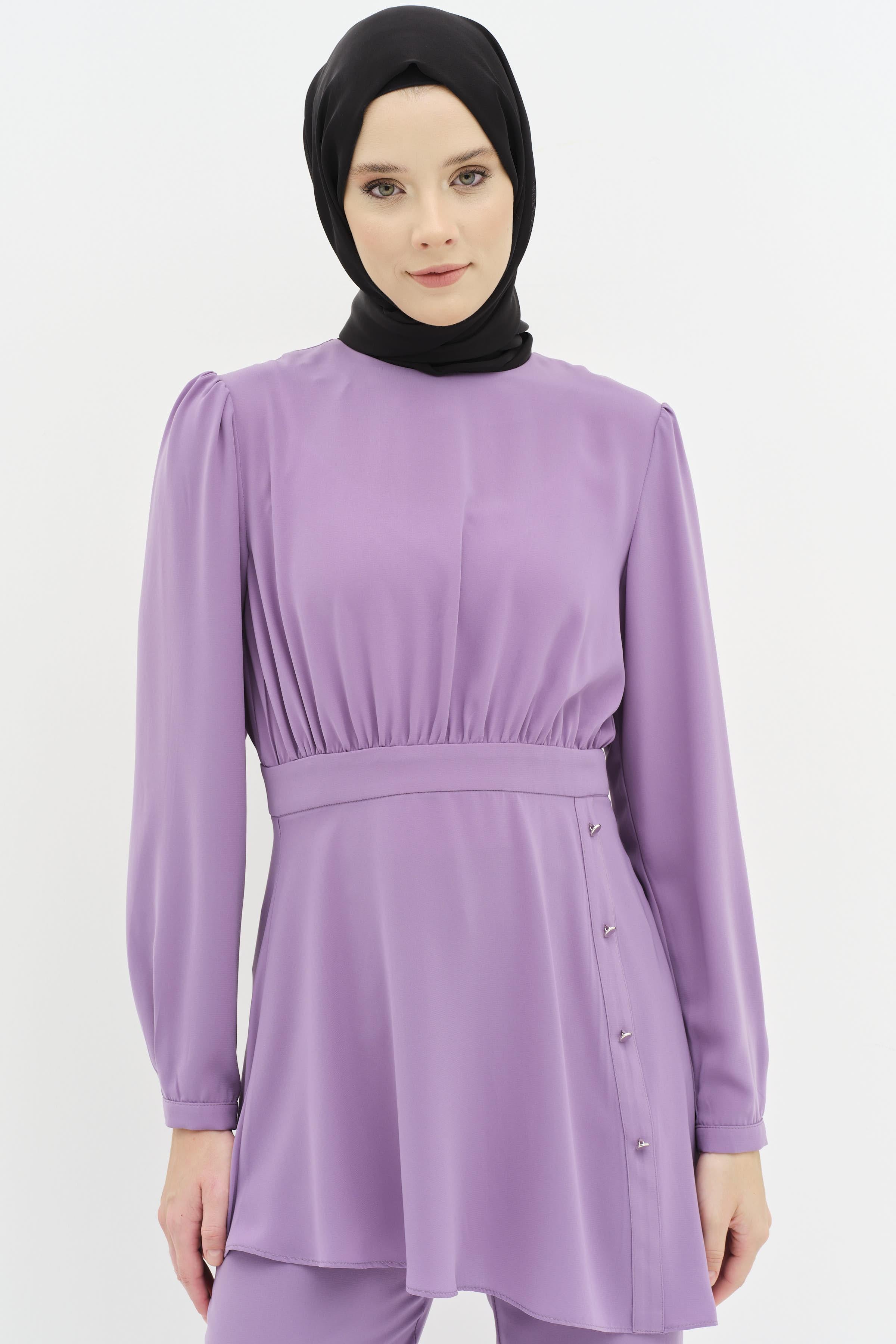 Büzgülü Bluz Pantolon Takım - Lila TUGBA