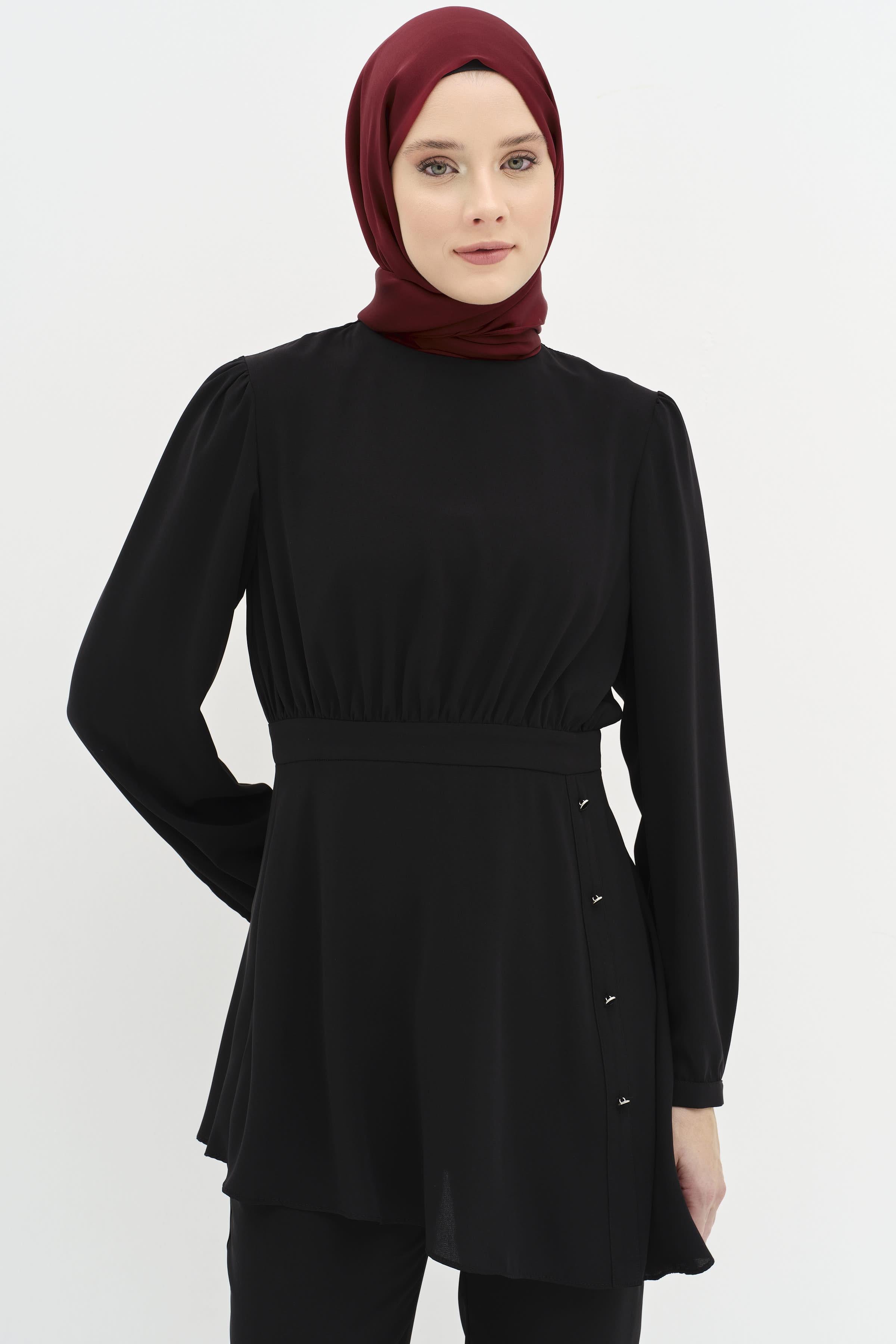 Büzgülü Bluz Pantolon Takım - Siyah TUGBA