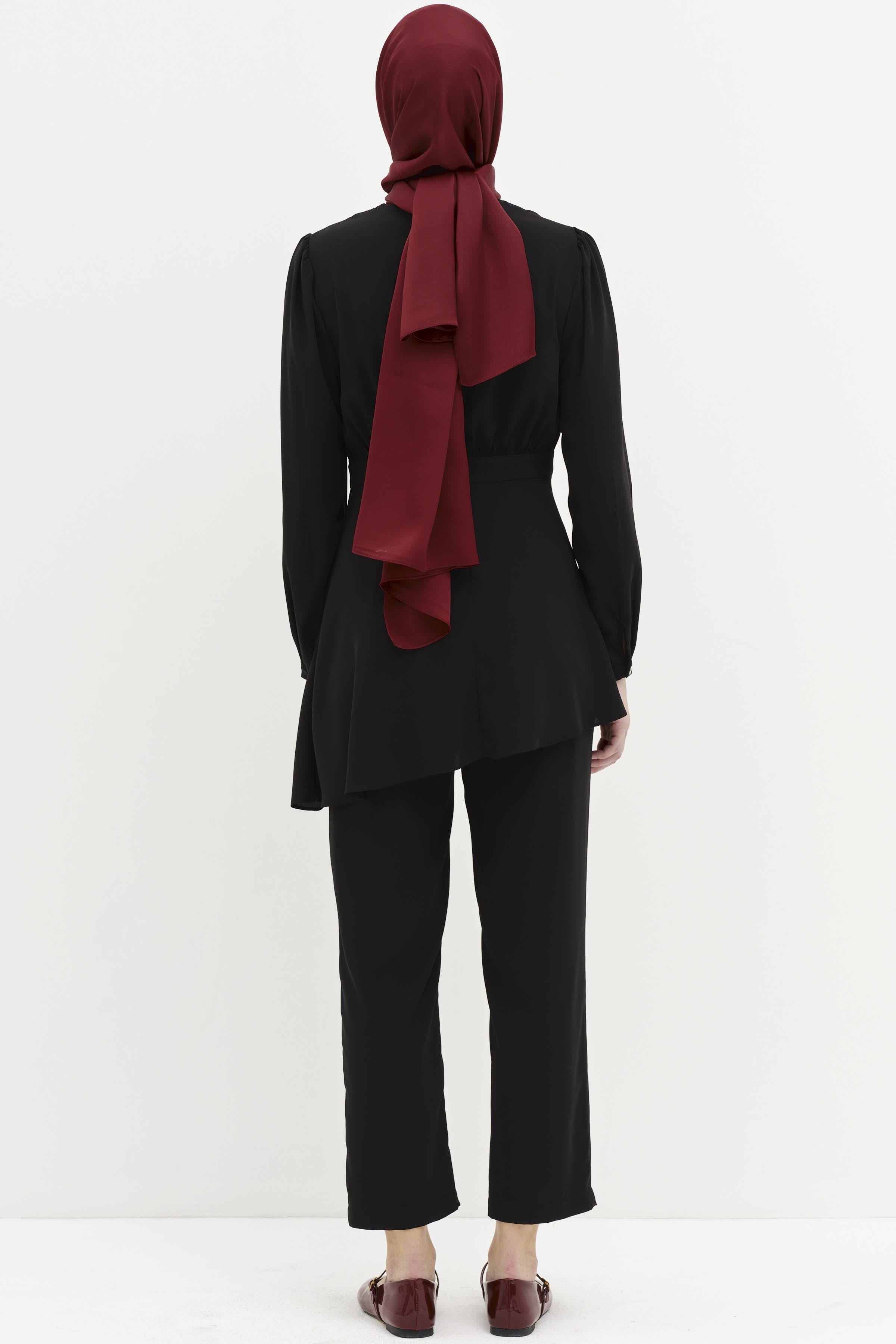 Büzgülü Bluz Pantolon Takım - Siyah TUGBA