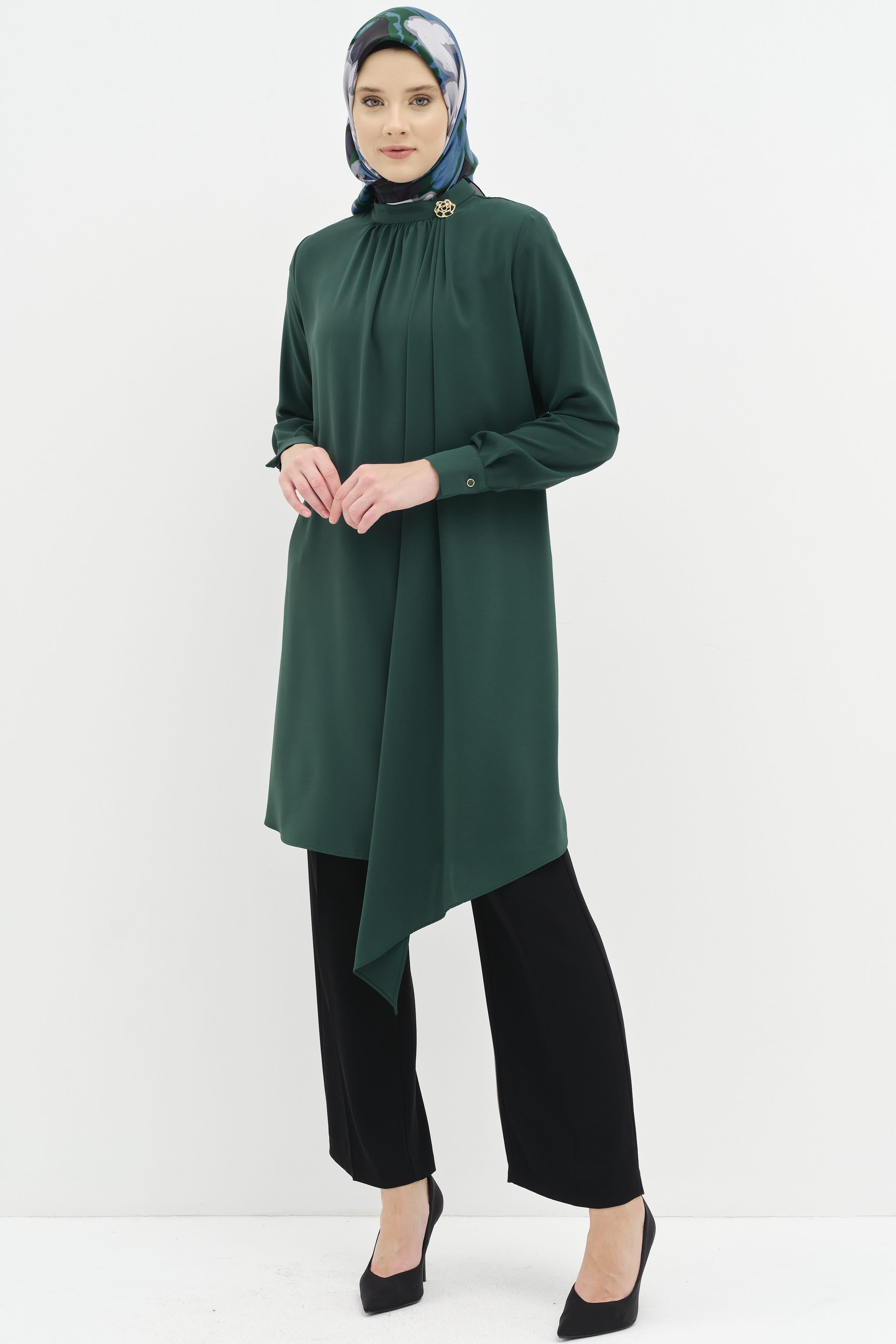 Büzgülü Broş Detaylı Asimetrik Tunik - Benetton Yeşili TUGBA