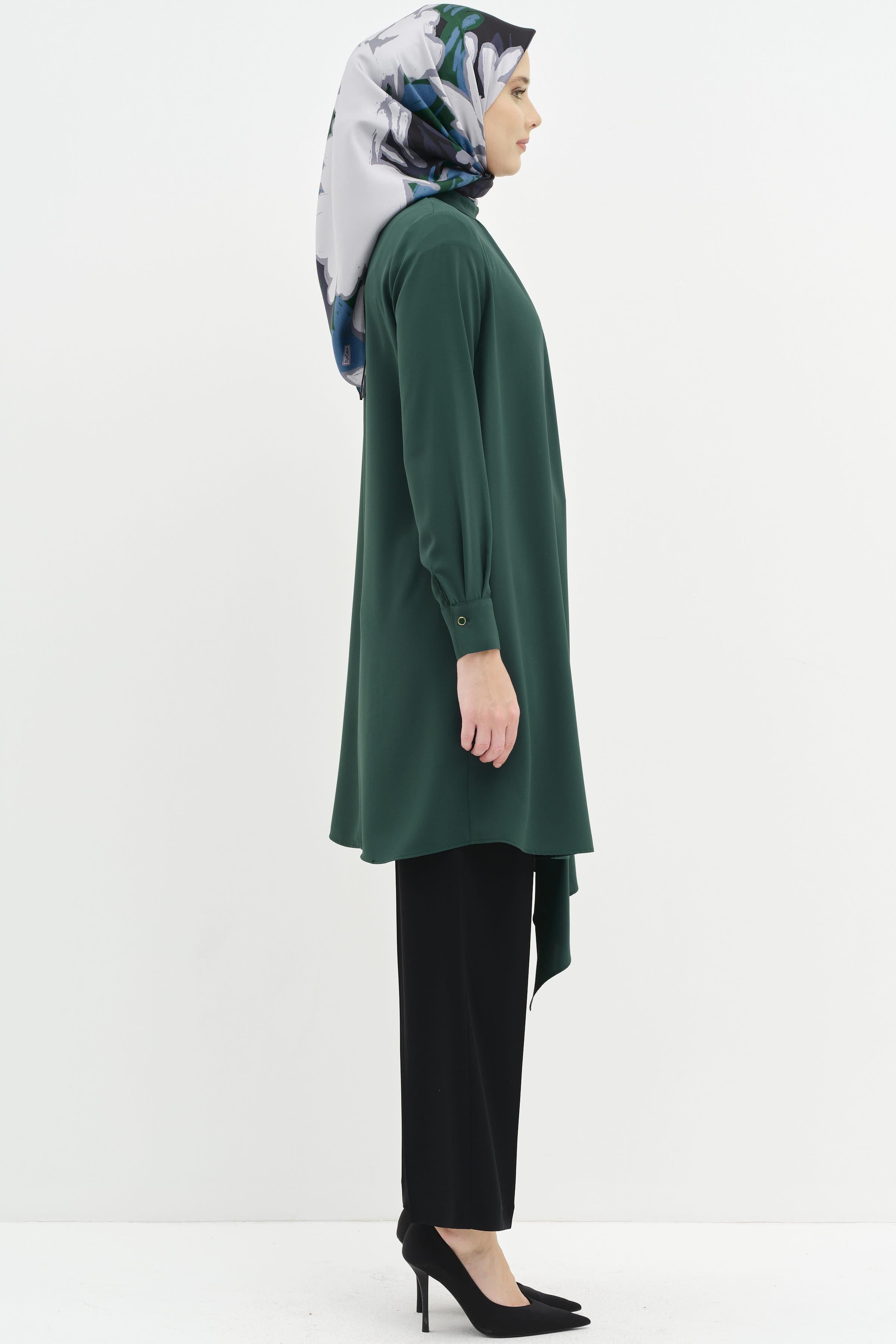 Büzgülü Broş Detaylı Asimetrik Tunik - Benetton Yeşili TUGBA