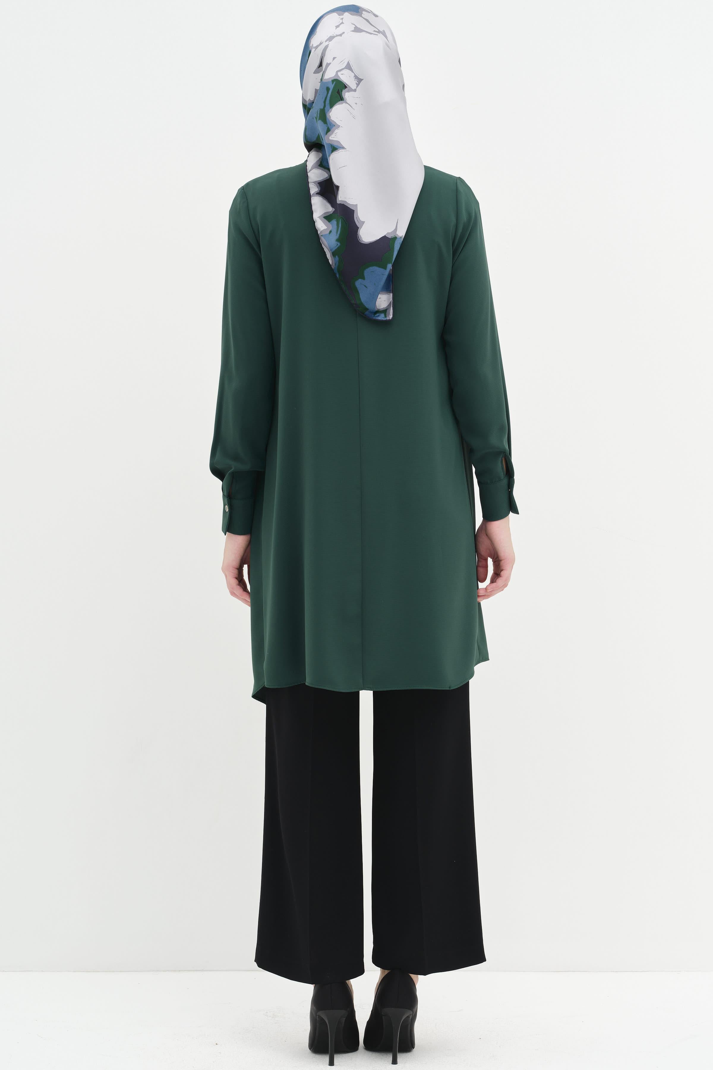 Büzgülü Broş Detaylı Asimetrik Tunik - Benetton Yeşili TUGBA