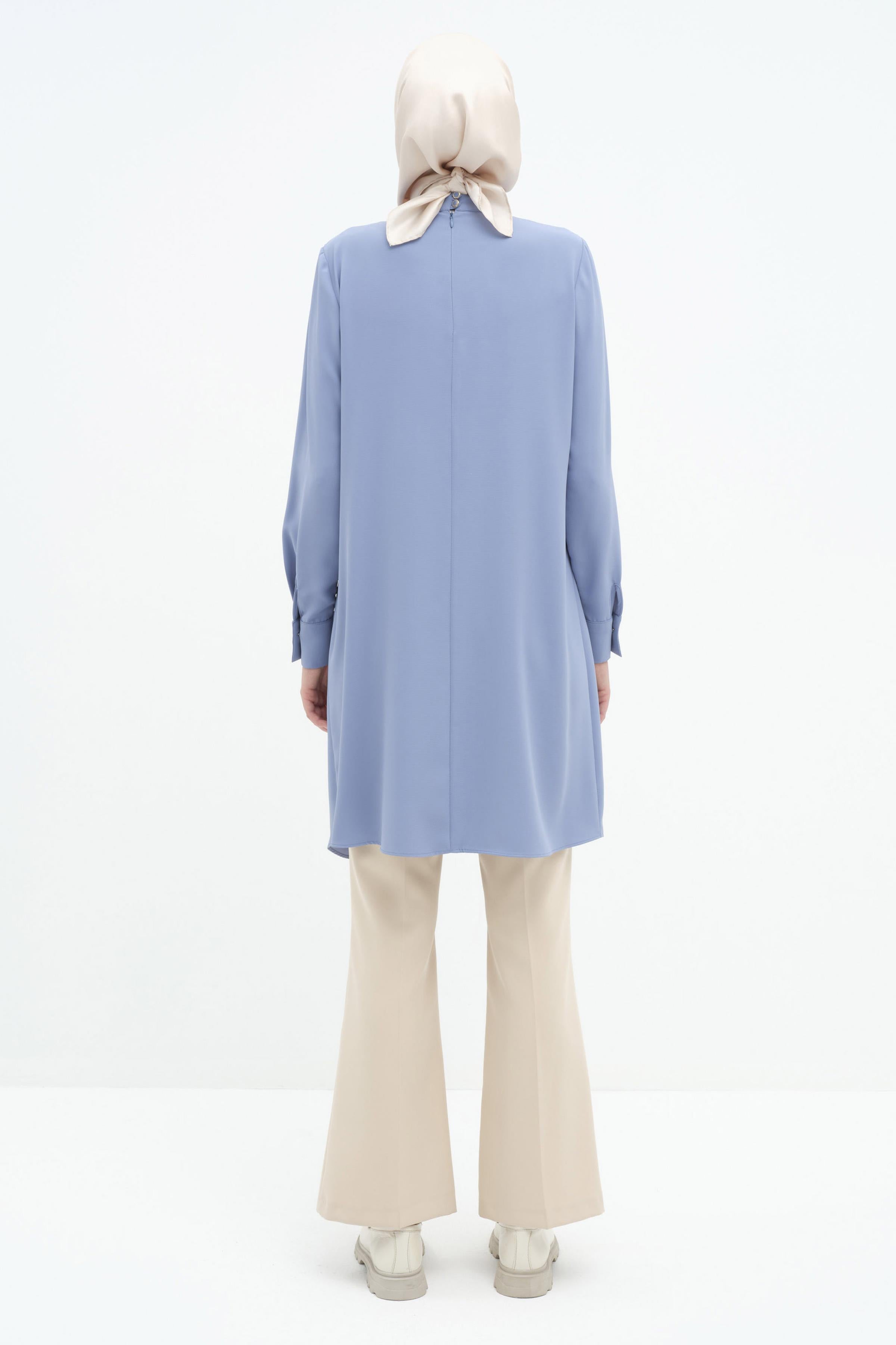 Büzgülü Broş Detaylı Asimetrik Tunik - Mavi TUGBA