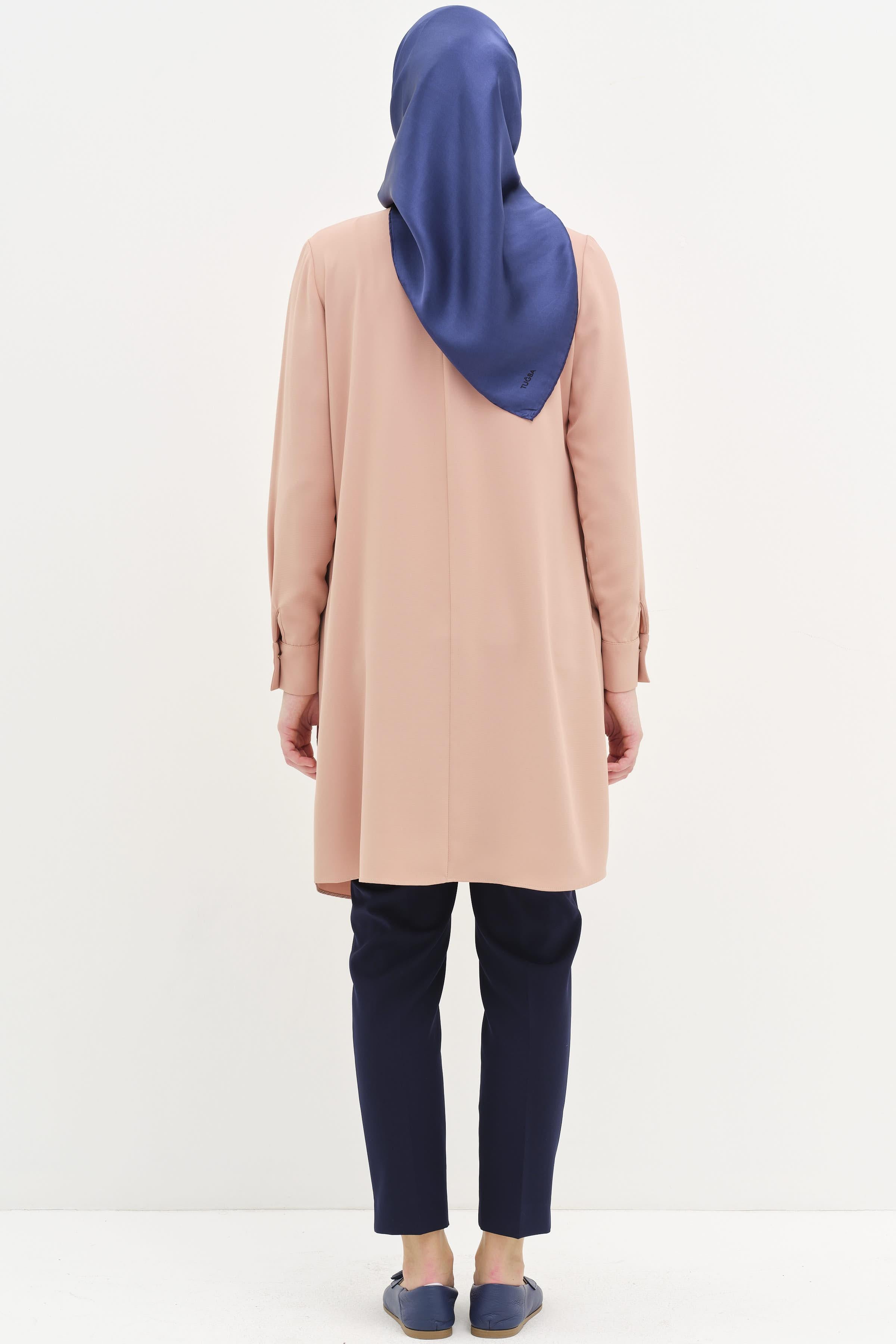 Büzgülü Broş Detaylı Asimetrik Tunik - Pudra TUGBA