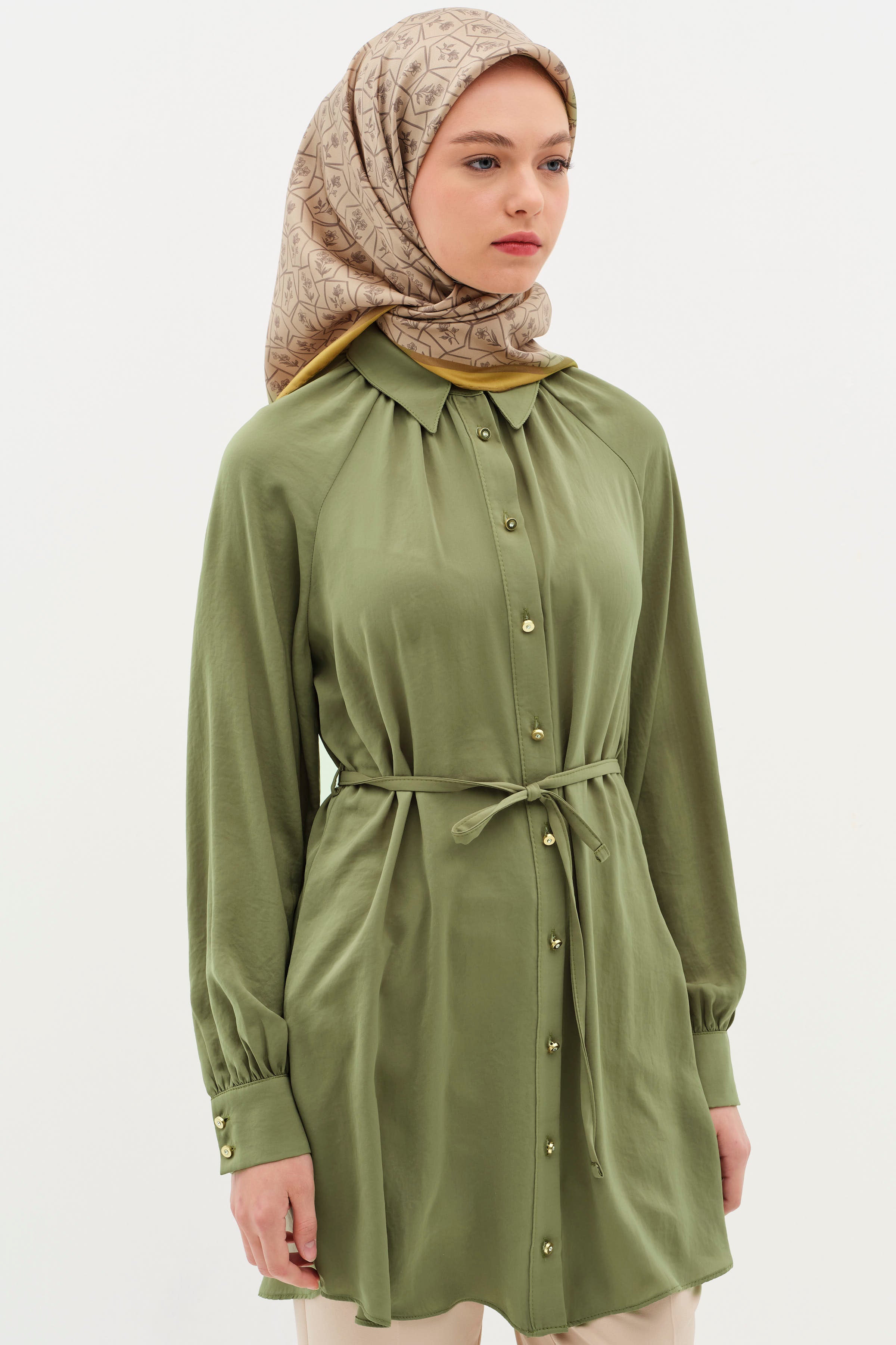 Büzgülü Çift Kat Kemerli Tunik - Haki TUGBA