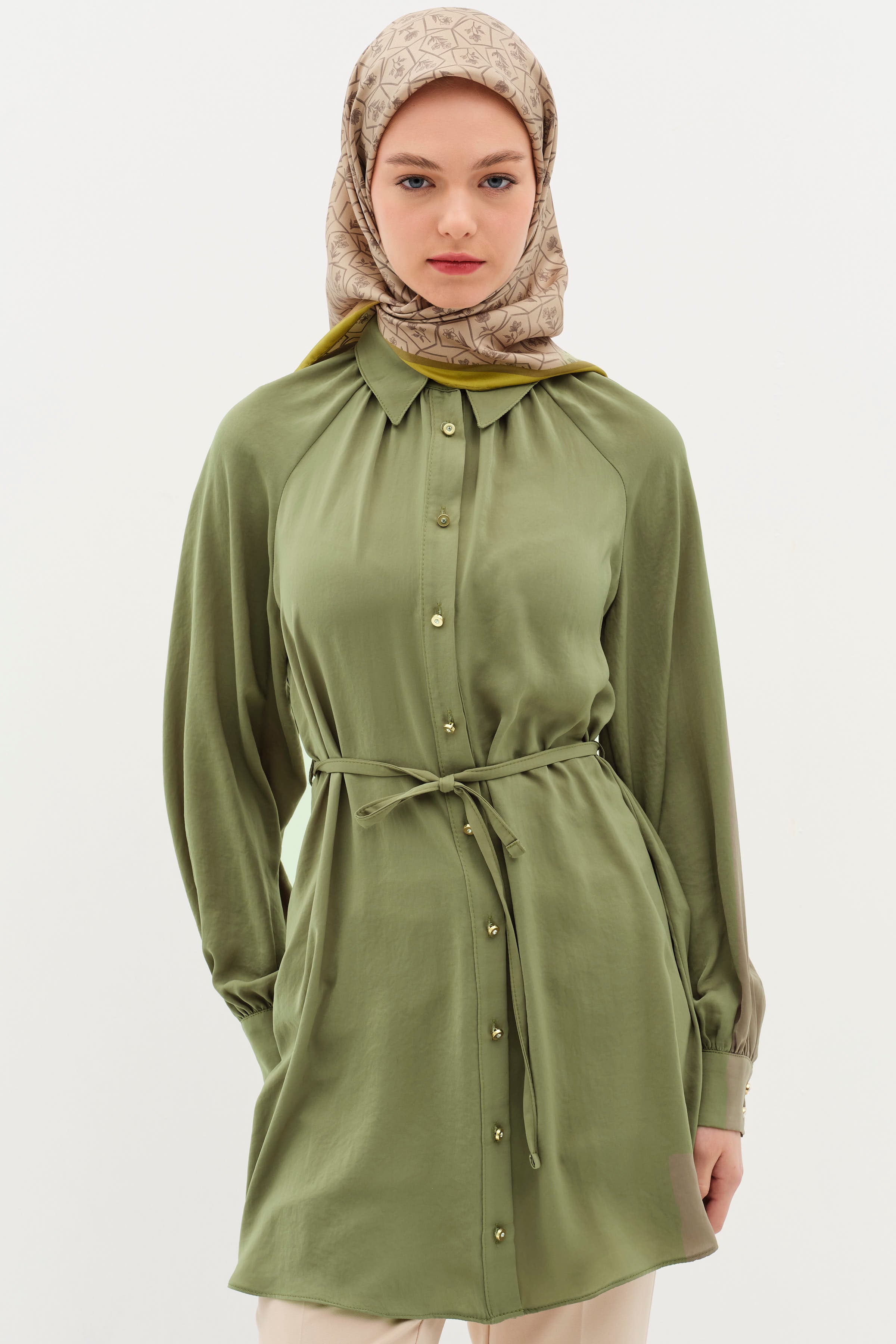 Büzgülü Çift Kat Kemerli Tunik - Haki TUGBA