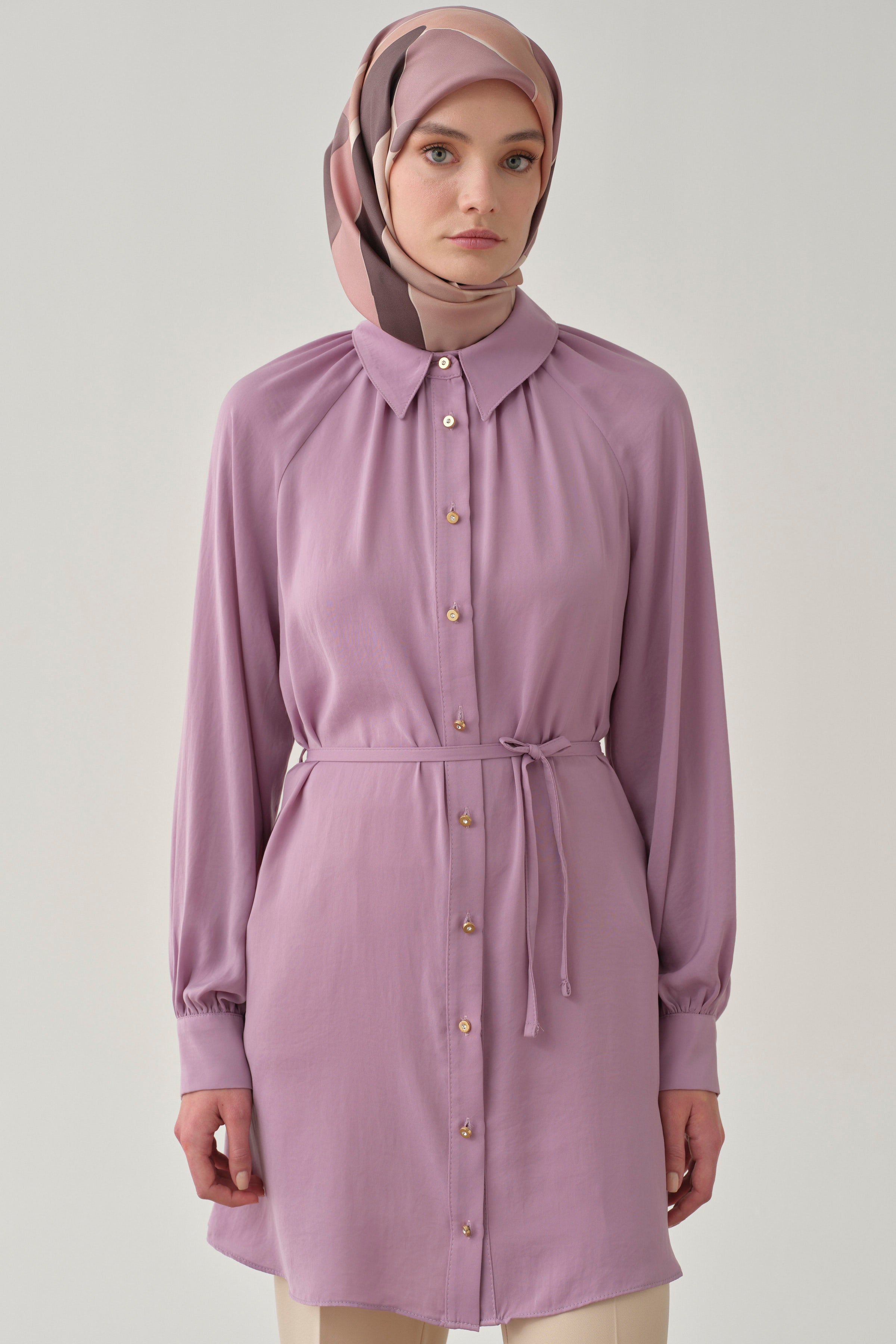 Büzgülü Çift Kat Kemerli Tunik - Lila TUGBA