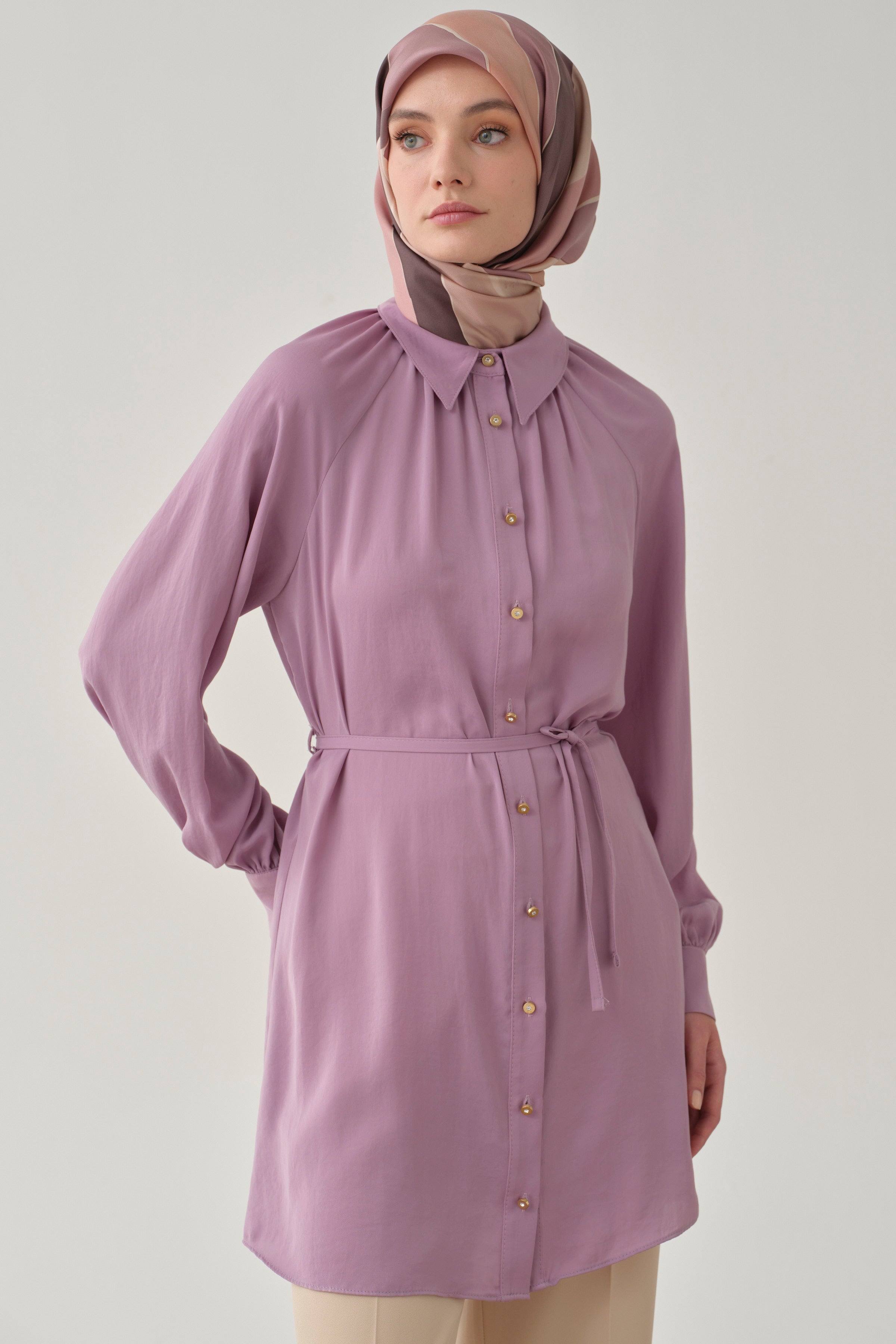 Büzgülü Çift Kat Kemerli Tunik - Lila TUGBA
