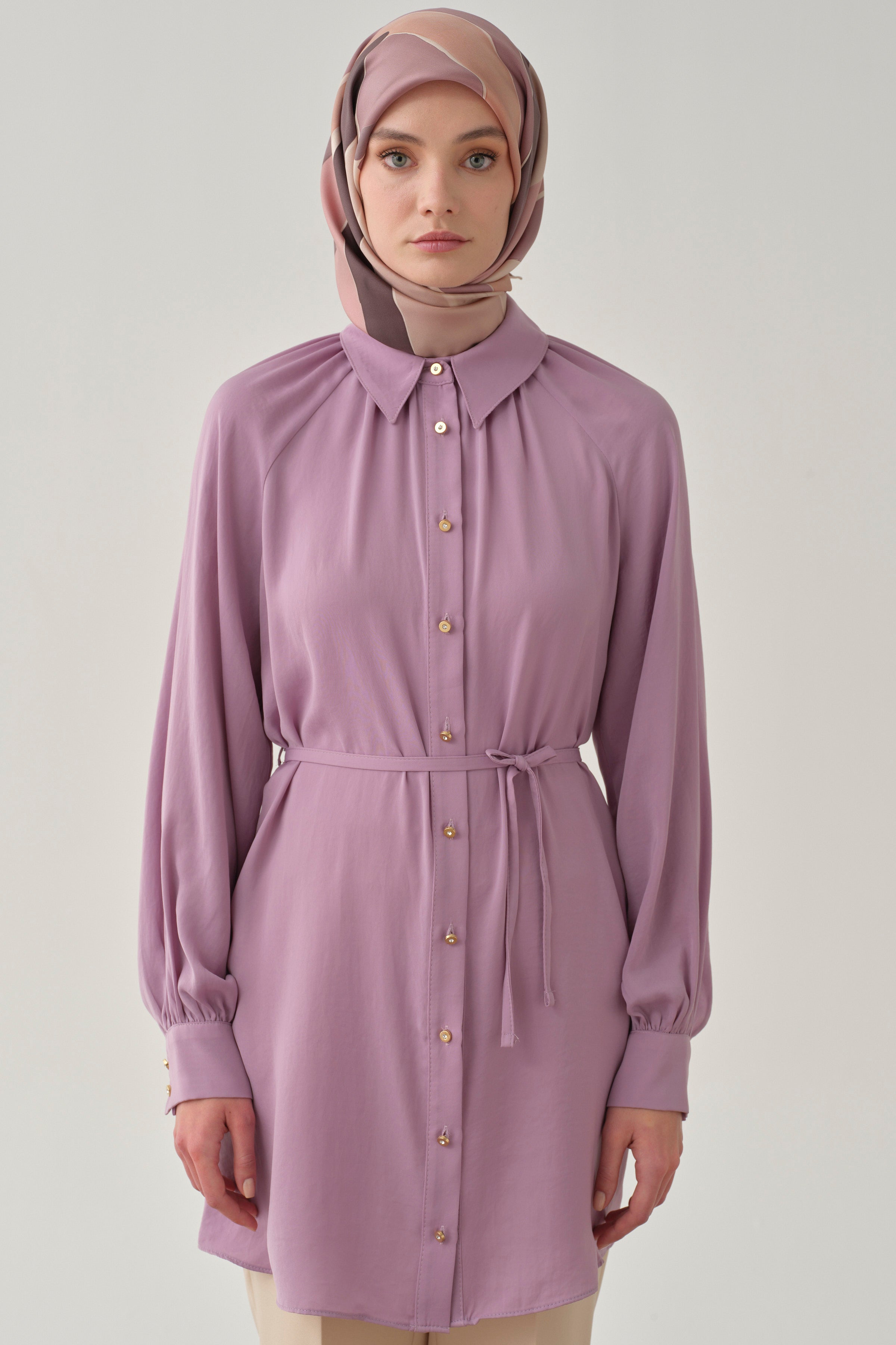 Büzgülü Çift Kat Kemerli Tunik - Lila TUGBA