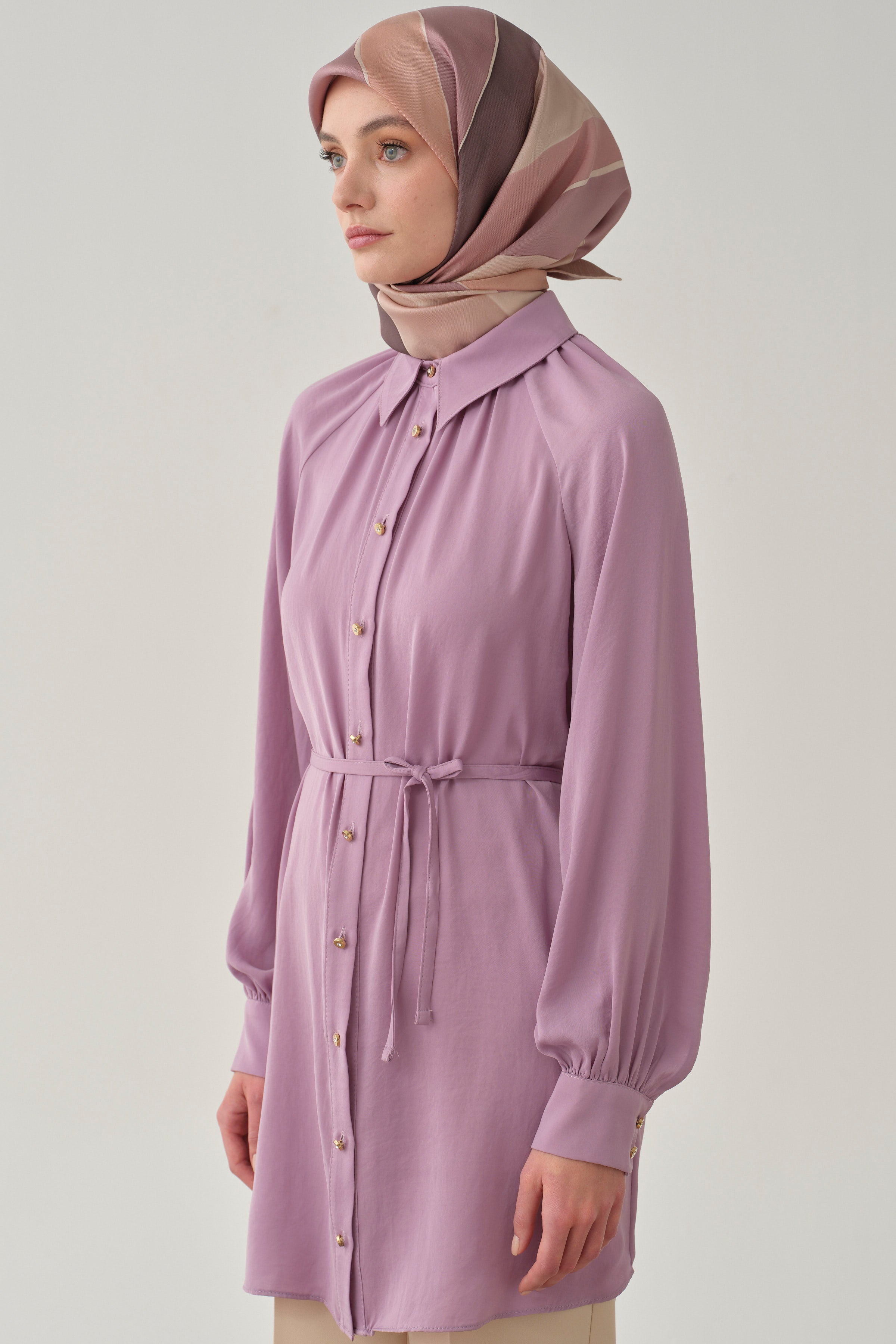 Büzgülü Çift Kat Kemerli Tunik - Lila TUGBA