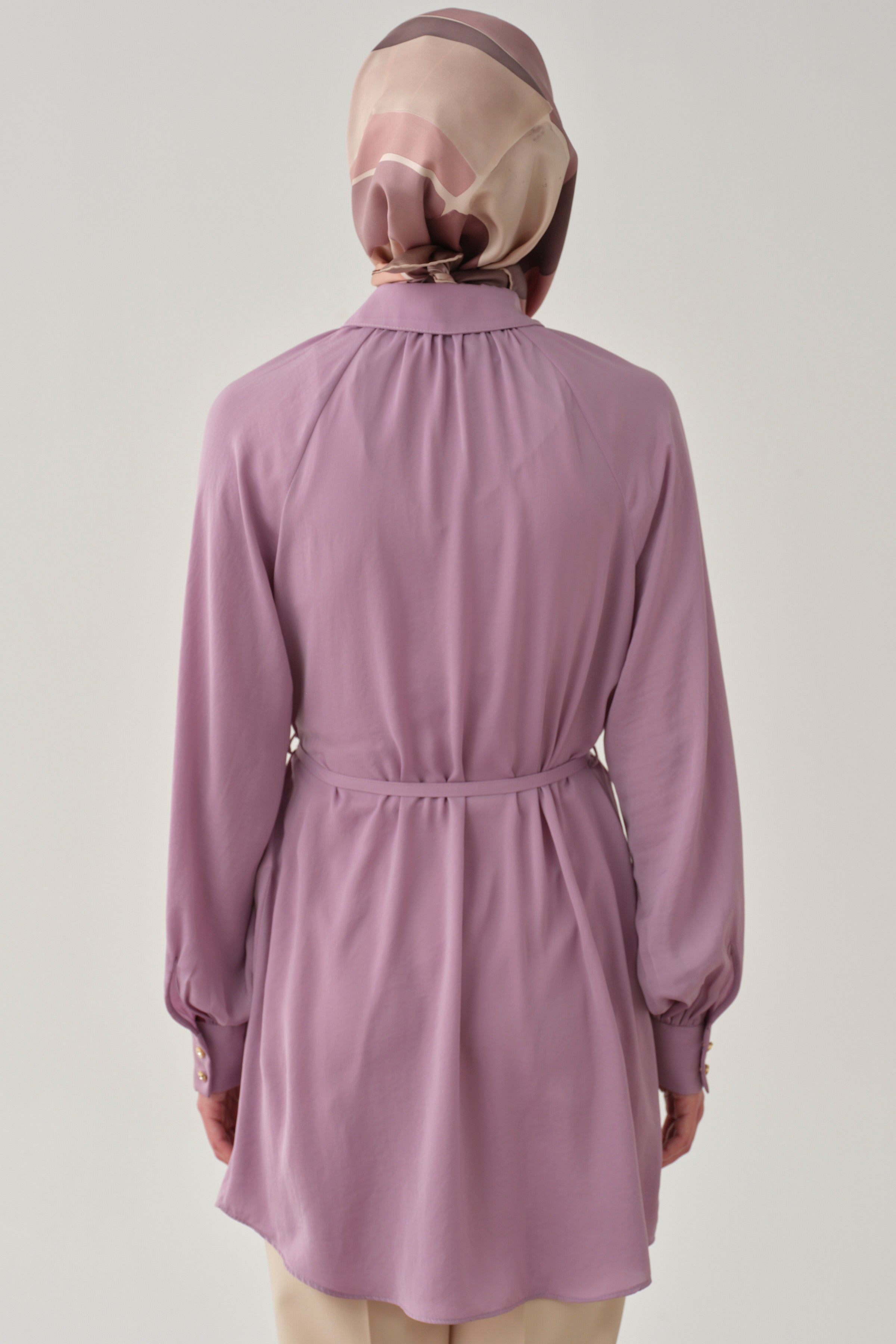 Büzgülü Çift Kat Kemerli Tunik - Lila TUGBA