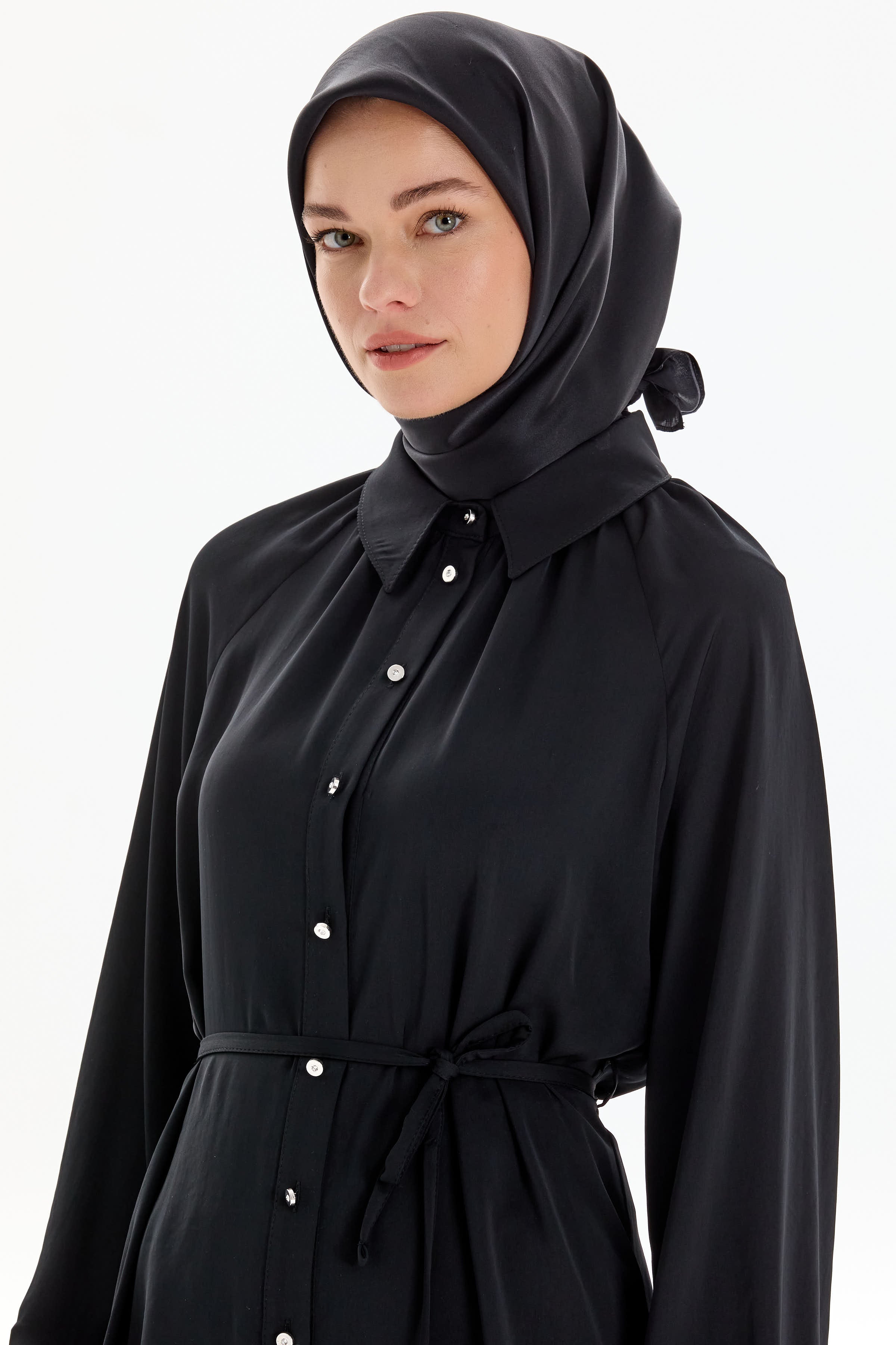 Büzgülü Çift Kat Kemerli Tunik - Siyah TUGBA