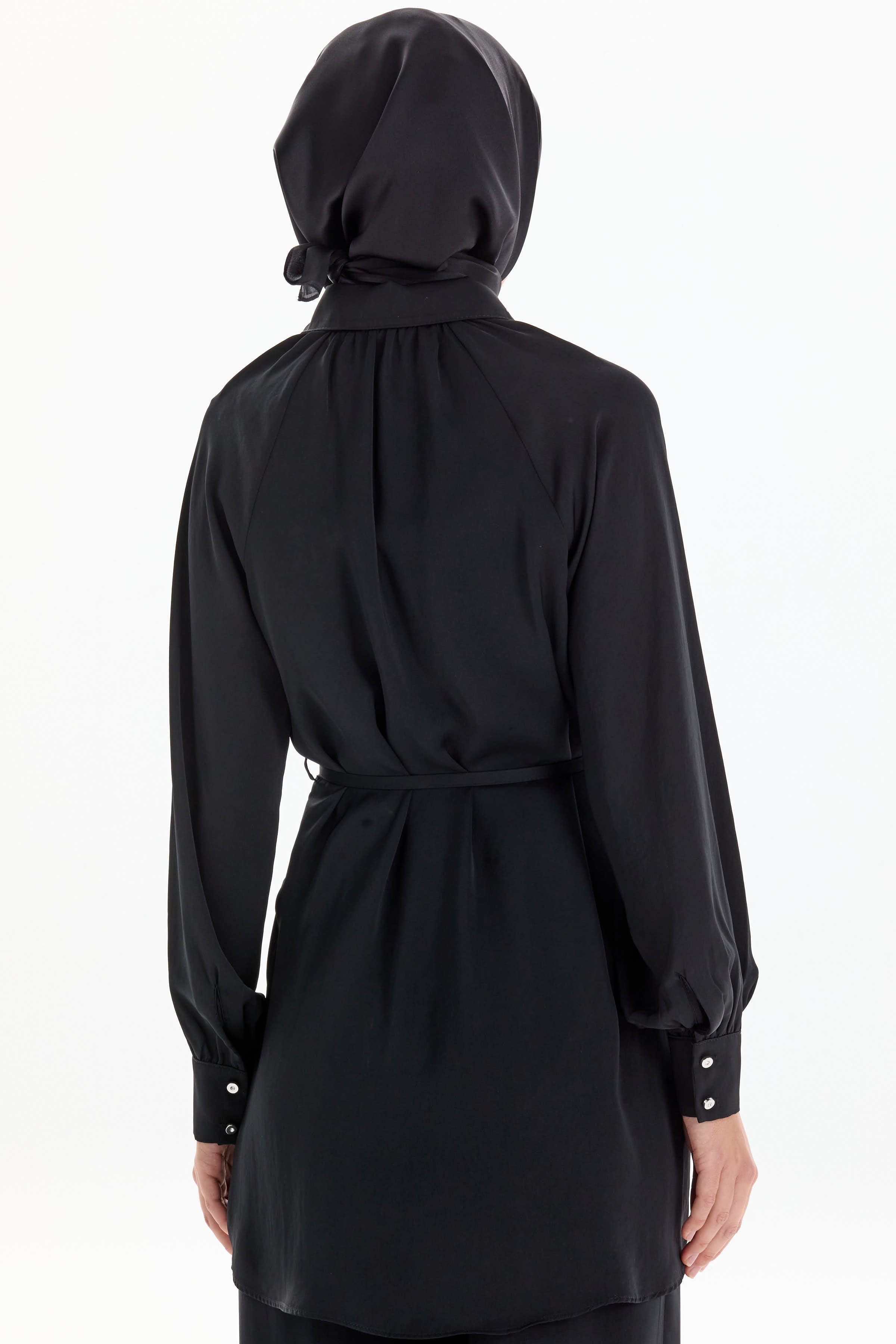 Büzgülü Çift Kat Kemerli Tunik - Siyah TUGBA