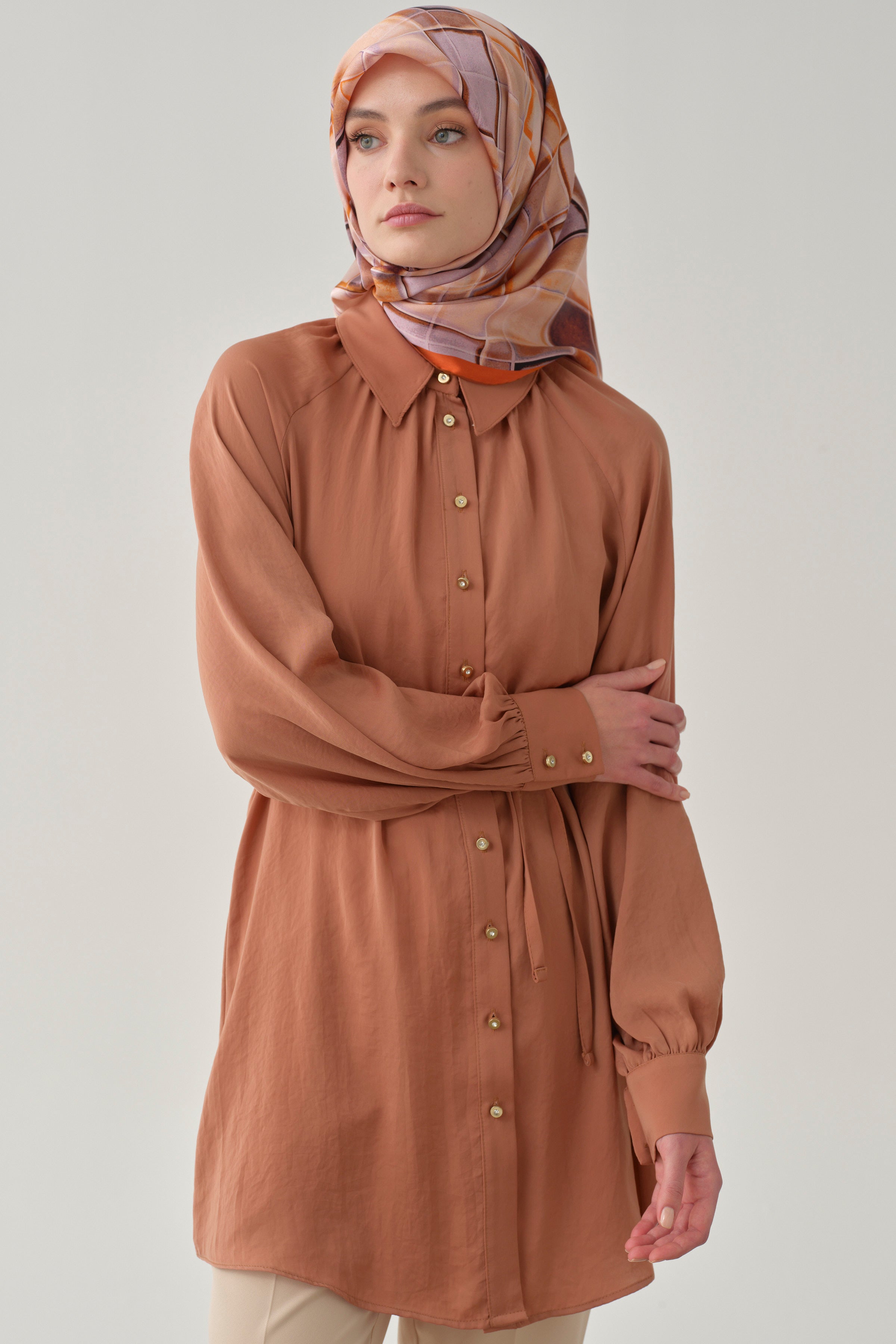 Büzgülü Çift Kat Kemerli Tunik - Taba TUGBA