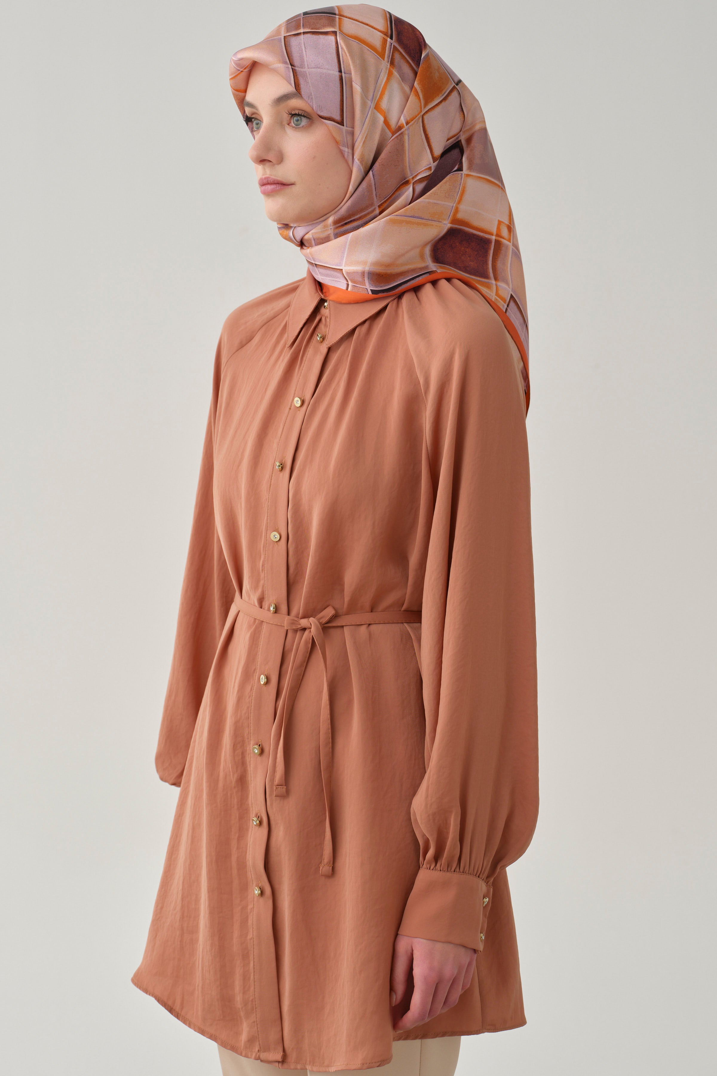 Büzgülü Çift Kat Kemerli Tunik - Taba TUGBA