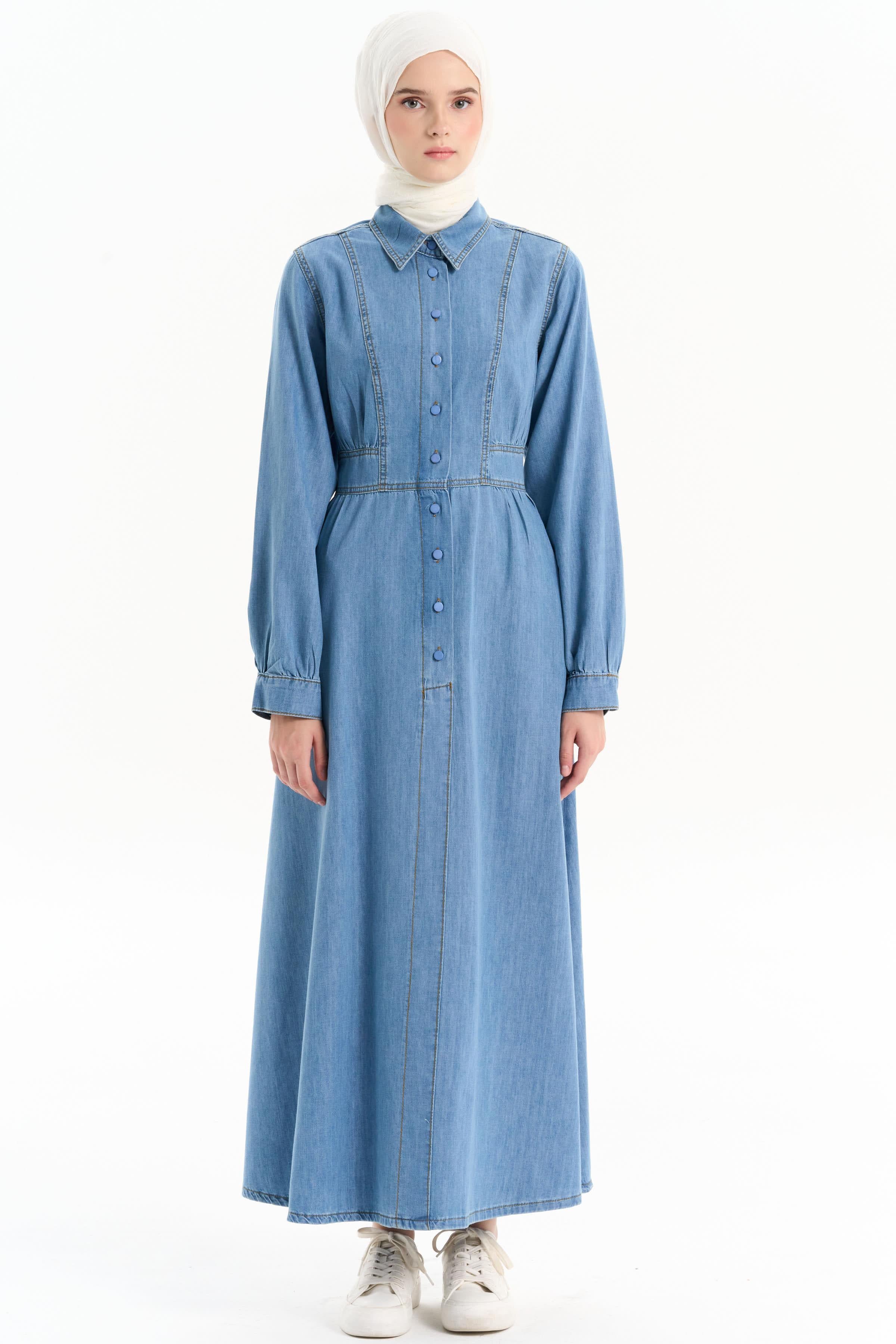 Büzgülü Denim Elbise - Açık Mavi TUGBA