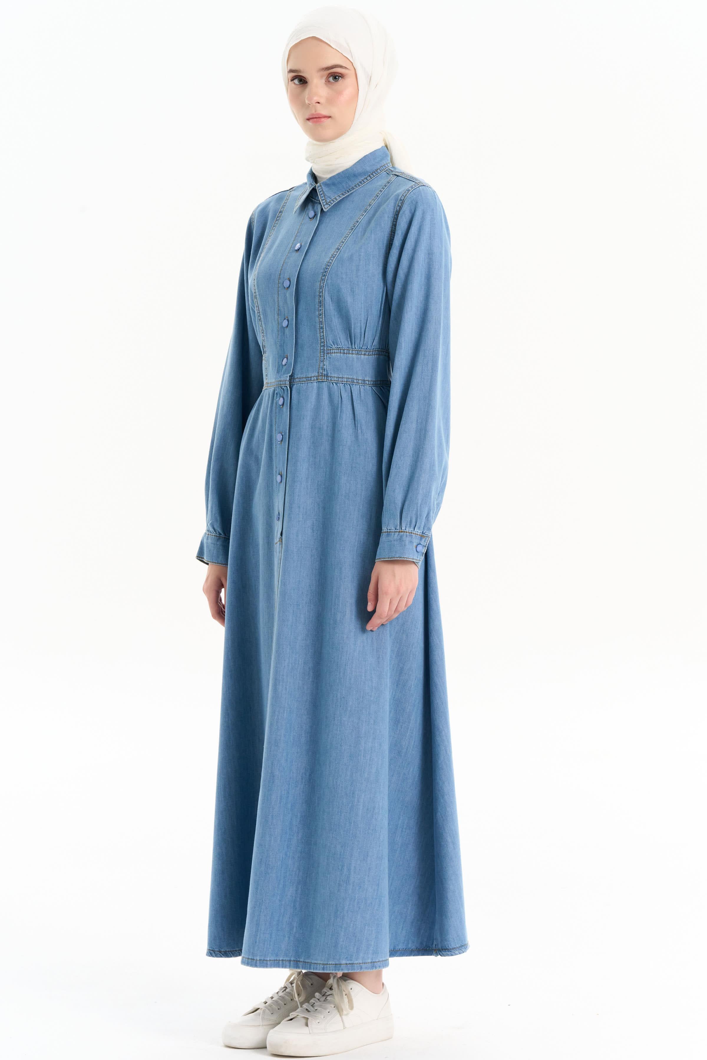 Büzgülü Denim Elbise - Açık Mavi TUGBA